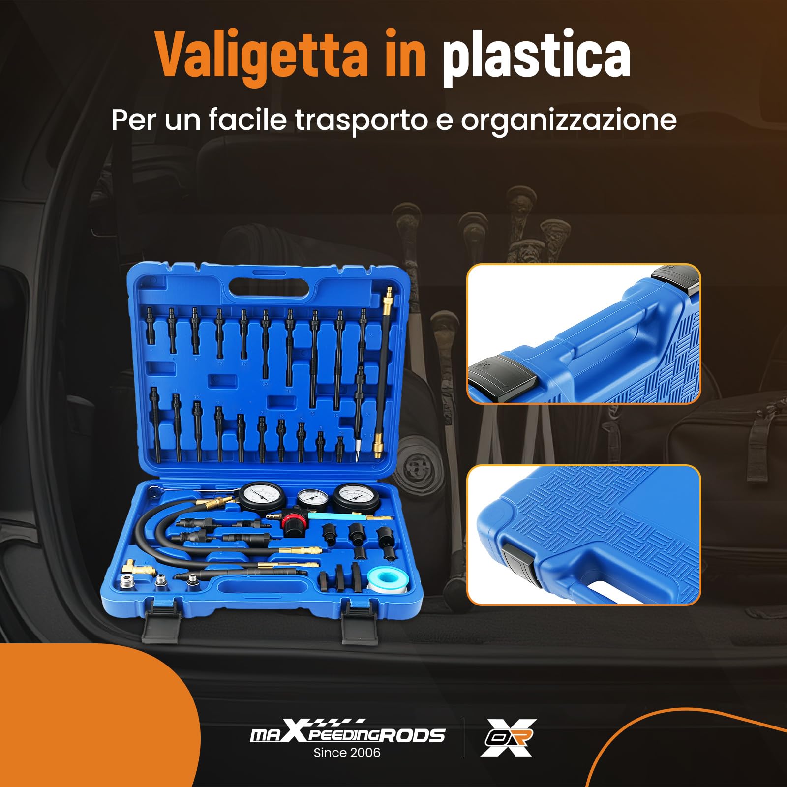 maXpeedingrods Tester di compressione 46 pezzi, 50 bar, M10 M-12 M14 M-18 | tester-di perdita di pressione per diesel, benzina, auto, camion, motori diesel, 50bar