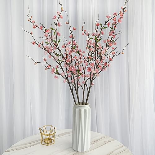 4 piezas de flores artificiales de cerezo, tallo de 37.4 pulgadas de largo, ramas de flores de durazno de seda, arreglo de flores falsas de flor de