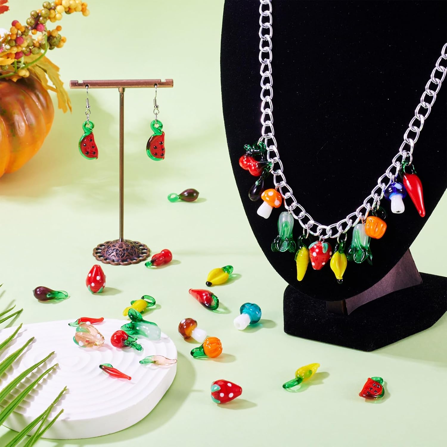 FASHEWELRY 200Pcs Fruit Vegetables Lampwork Glass Beads Strawberry Cherry Watermelon Banana Loose Beads Hanging Ornament Charms for DIY Jewelry Making