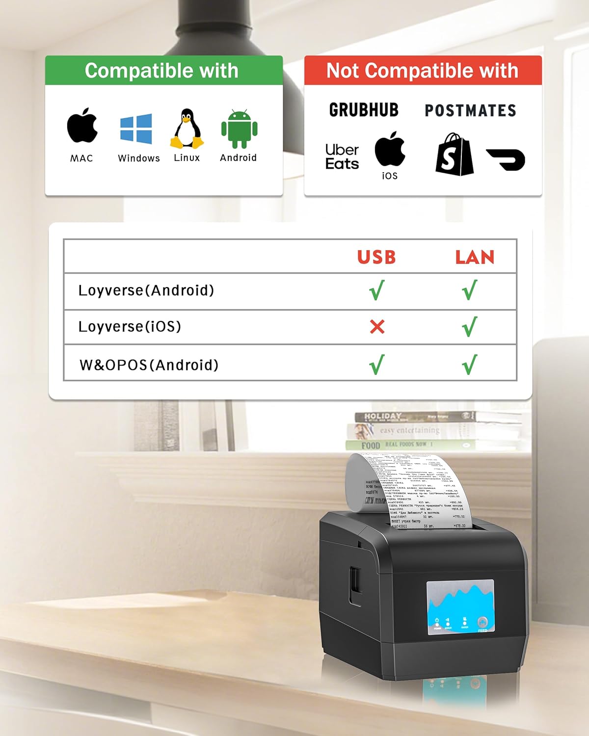 ZYWELL Thermal Receipt Printer, ZY908 Pos Printer 80mm with Auto Cutter Support Cash Drawer for Restaurant Kitchen,USB Ethernet Port Support Windows/Mac/Linux, No Square/Shopify(Black)