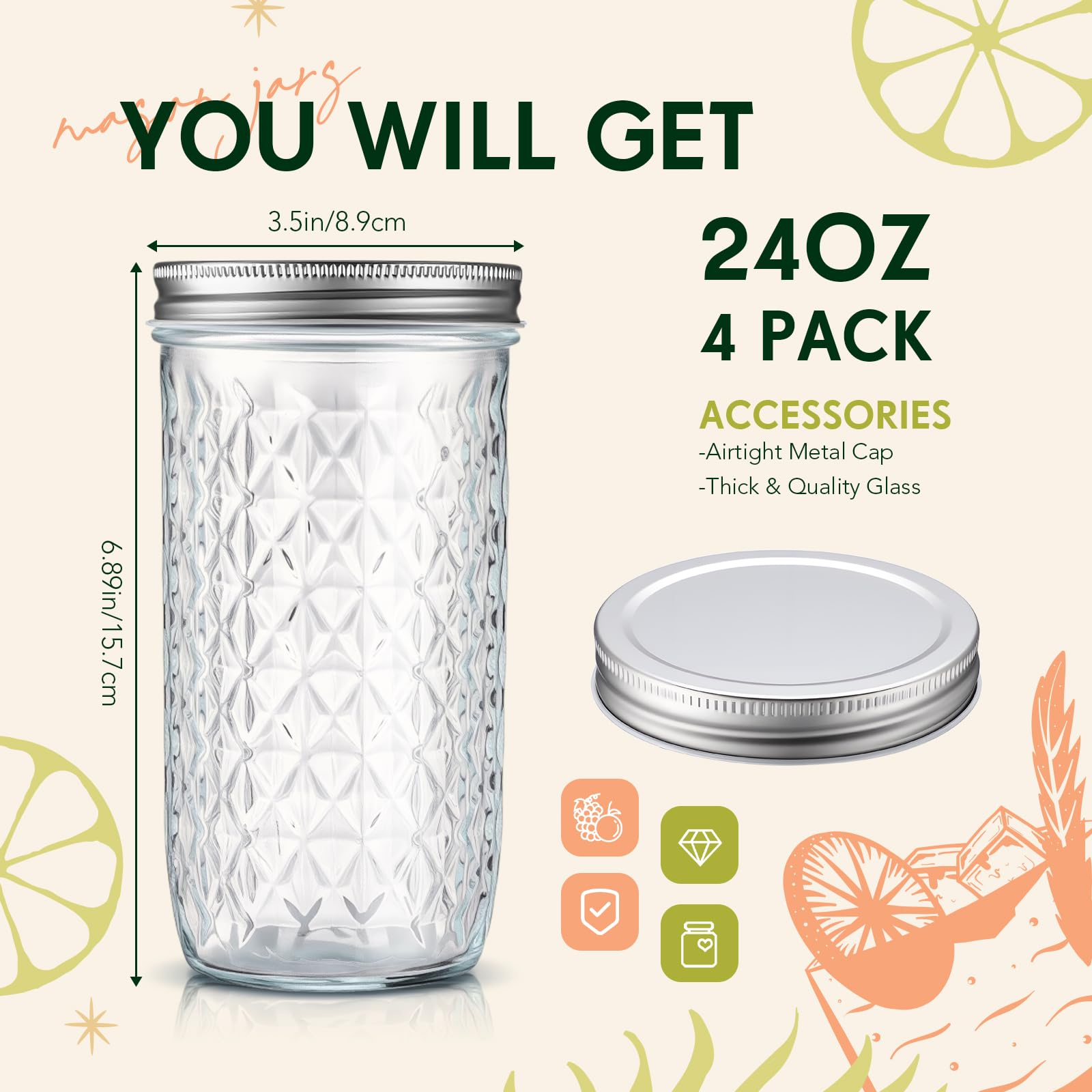 Patelai Einmachgläser im Vintage-Stil, 680 ml, 4 Stück, breite Öffnung, Einmachgläser mit luftdichtem Deckel, Glas-Diamant-Textur, Einmachgläser zum Einlegen, Fermentieren, Aufbewahren, Salat