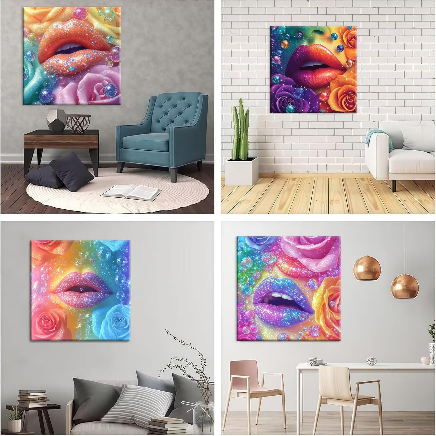 Rose Lippen Diamond Paining, 5D Diamant Painting Bilder 60x60cm t-544 | 4 Pack Diamond Painings Erwachsene, 5D DIY Diamant Malerei Mosaikherstellung für Relaxation and as a Wall Deko Geschenk