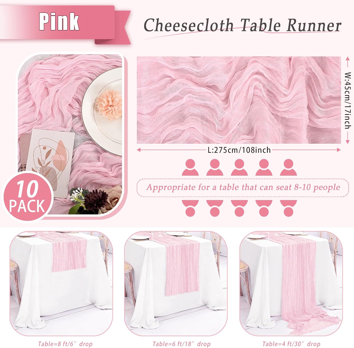 10 Pack Pink Cheesecloth Table Runner 17x108 Inch Semi Sheer Boho Rustic Gauze Cheese Cloth Table Runners for Wedding Party Birthday Baby Shower Home Décor