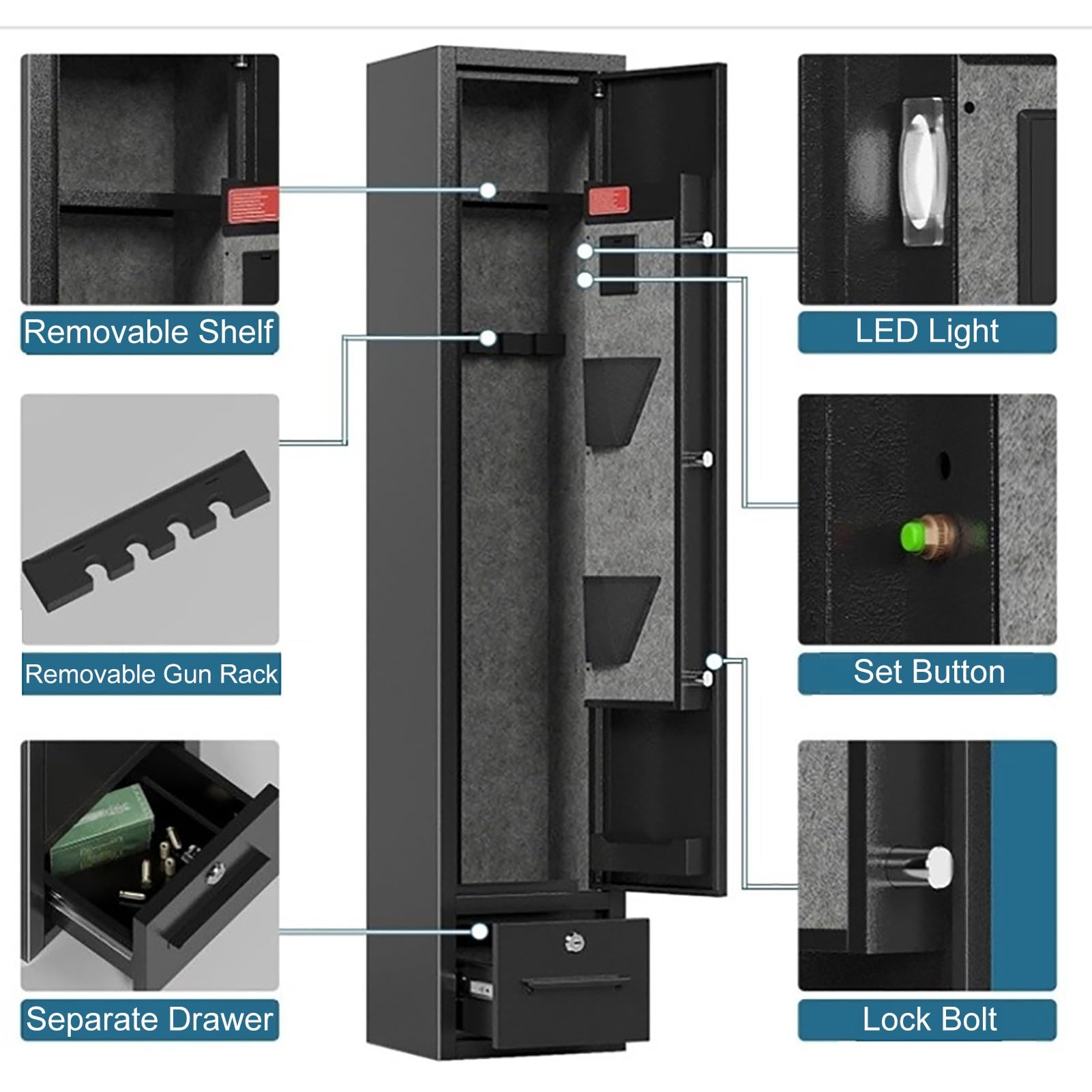 Armadio Portafucili con Funzione Sveglia, Cassaforte per Armi con Cassetto e Luce LED, Armadio Fucili, Cassaforte Fucili