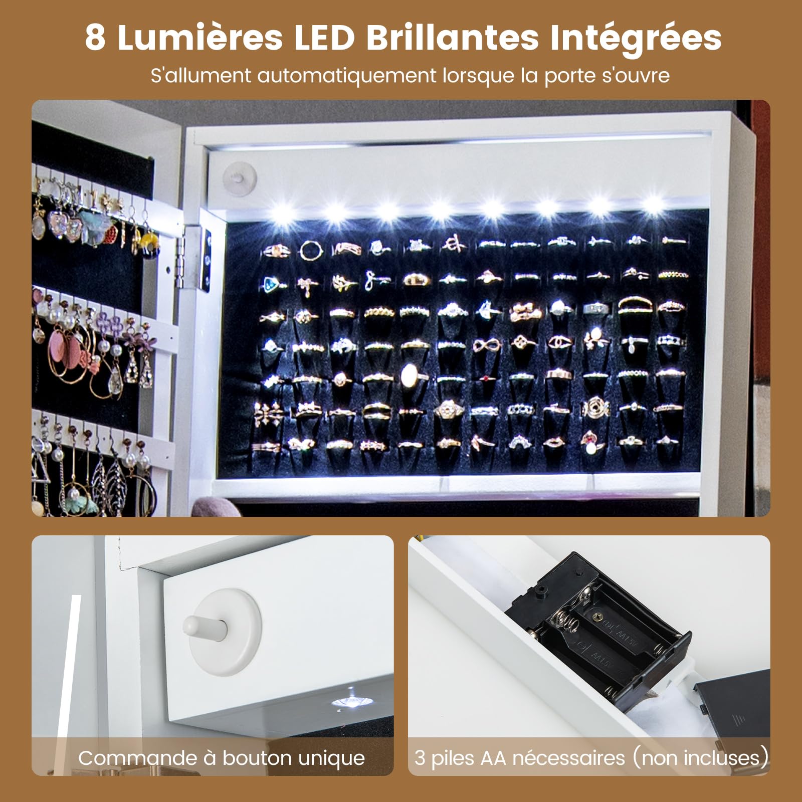 COSTWAY Armoire à Bijoux sur Pied, Miroir Pleine Longueur avec Lumières LED 3 Couleurs, Interrupteur Tactile, Porte Verrouillable(Blanc)