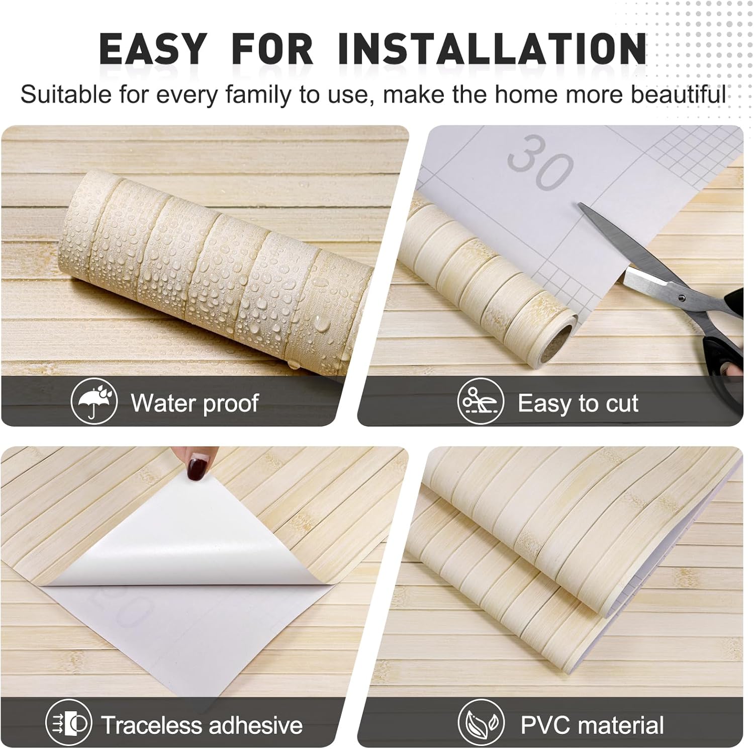 Bamboo Wallpaper Peel and Stick - 17.3”x480” Realistic Wood Slat Texture, Self-Adhesive Vinyl for Accent Wall, Bathroom, Spa Room, Natural Decor, Waterproof & Easy Install Beige