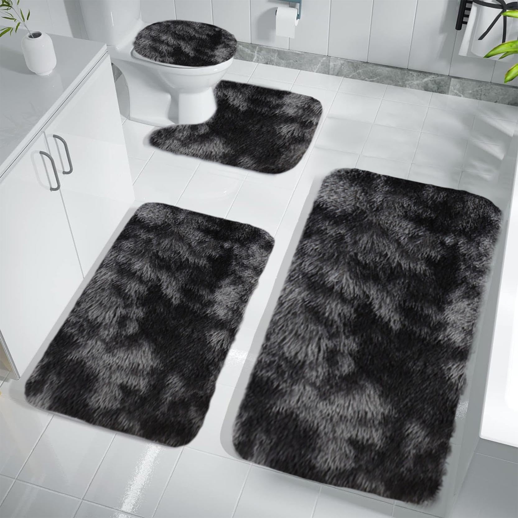 Bath Mat Set 4 Piece - Thick Bathroom Rug Soft Bath Mat For Bathroom Non Slip Machine Washable Toilet Carpet Microfiber Absorbent Bath Rug For Bath Room, Shower, Bathtub (X-Black4PCS)