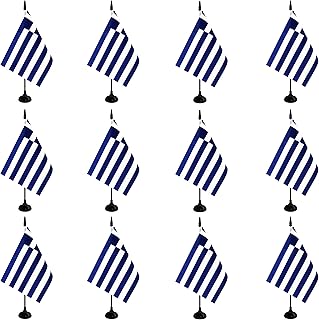 Greece Desk Flag, 12 Pack Greek Table Office Flag with Black Solid Pole and Stand Base, International Country Flag, Festival Celebration, Classroom Meeting Desktop Decor (Greece)