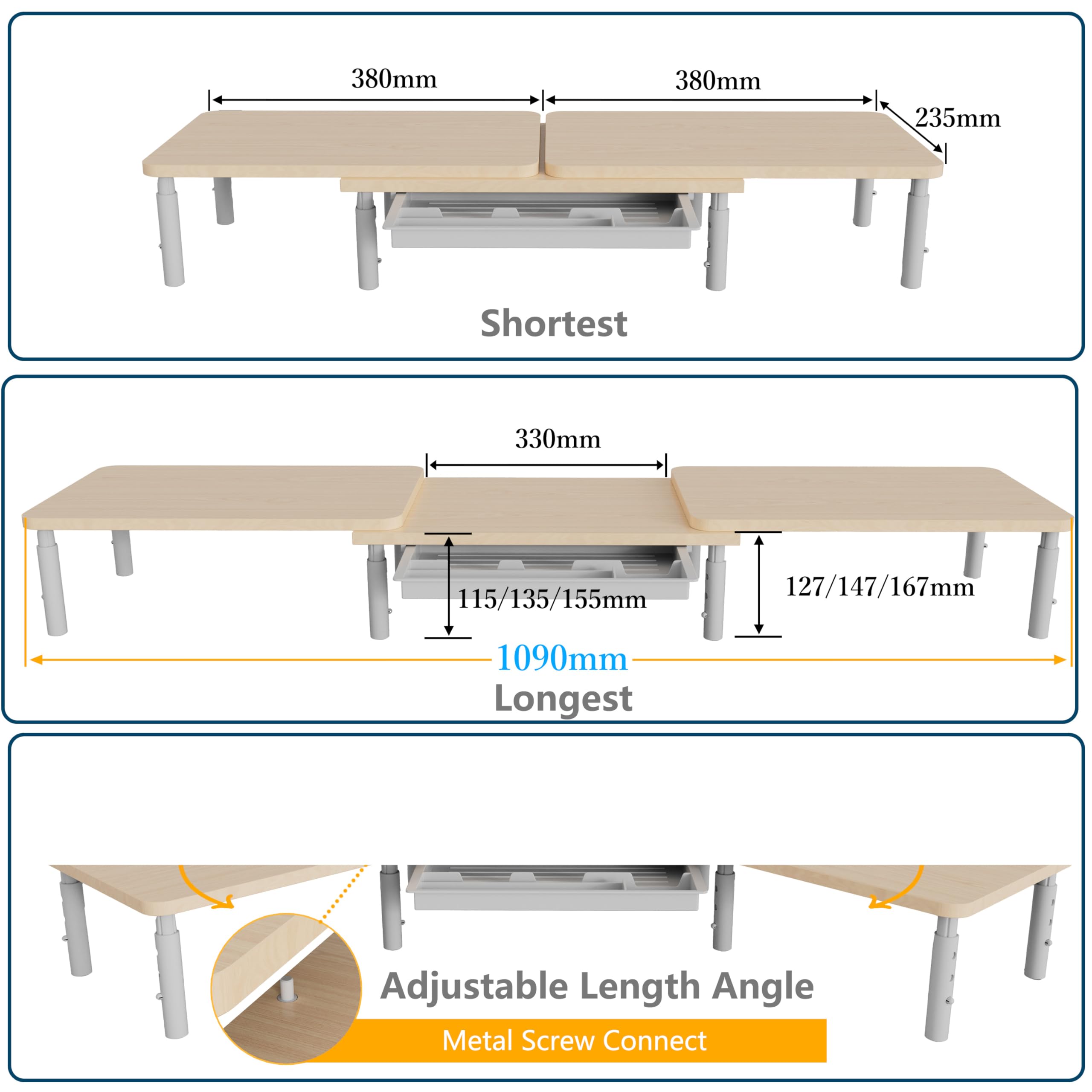 ETHU Supporto per Doppio Monitor Stand Riser e Smartphone, Lunghezza Regolabile e Angolo di Rotazione in Legno, Organizer da Tavolo, accessori da ufficio, regolabile in altezza