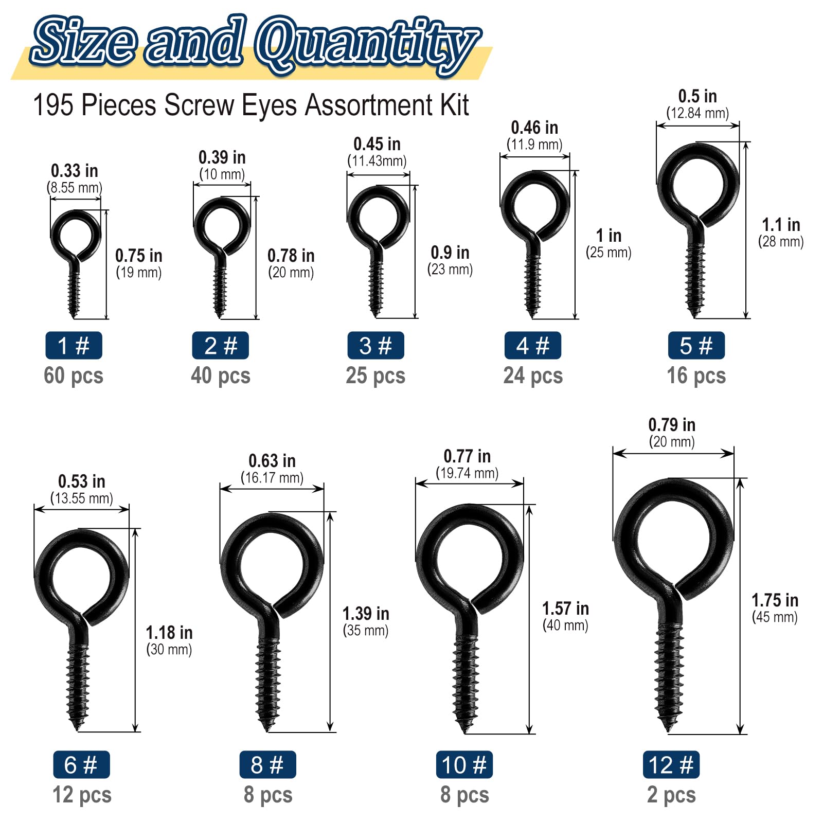 Vifmy Screw Eyes Assortment Kit(195Pcs),0.75" 0.78" 0.90" 1" 1.1" 1.18" 1.39" 1.57" 1.75" Zinc Plated Eyelet Screws,Metal Small Tapping Screw Hooks Ring,Black - Image 2