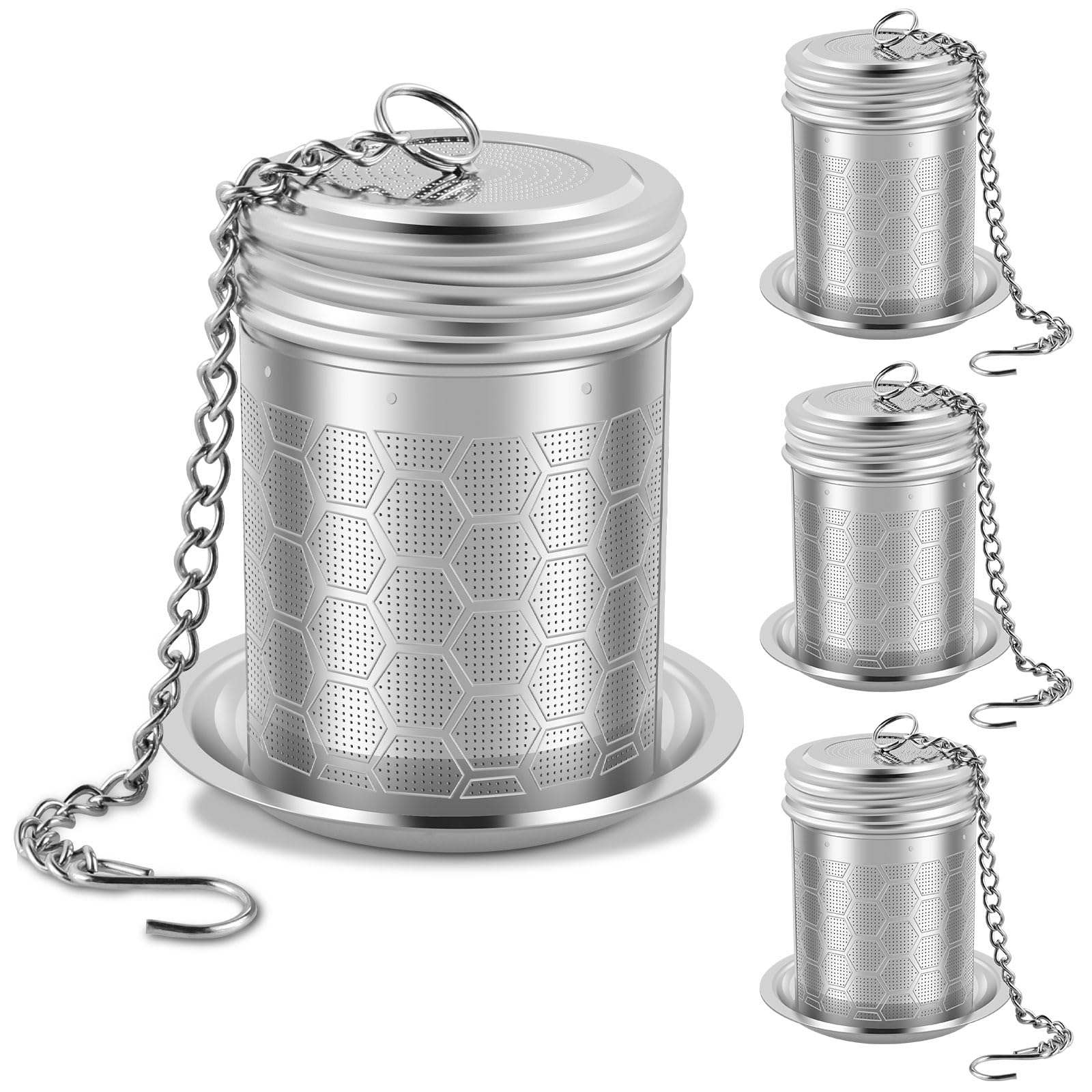 ZJRDYYK 4 Pack Tea Strainers for Loose Tea, 304 Stainless Steel & Updated Slim Threaded Lid, Extra Fine Mesh Tea Infuser with Drip Trays for White, Green, Oolong, Black, and Herbal Teas