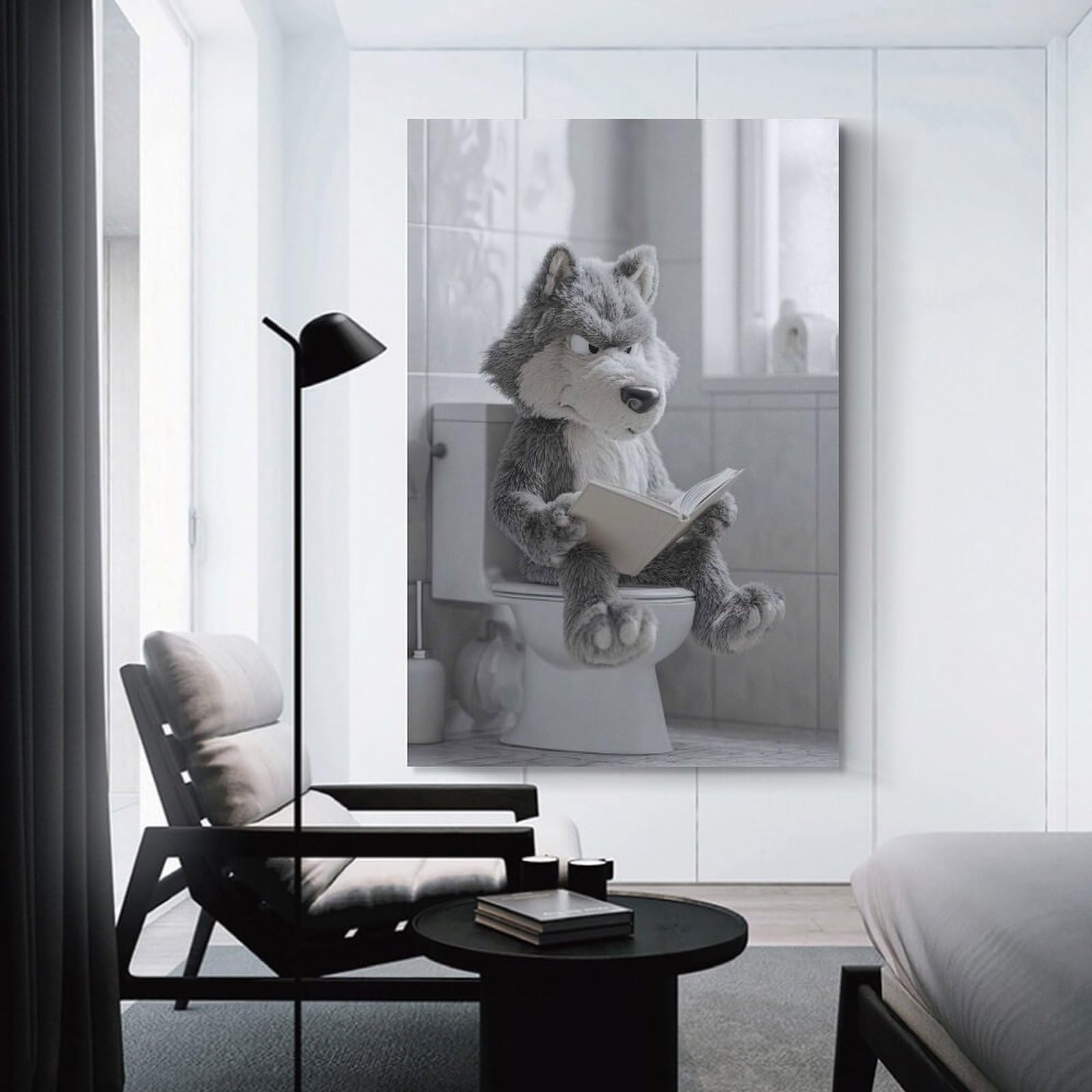 Junmoney Unframe-Style-18-1 Wolf Reading On The Toilet Hanging Wall Art, 12X18inch(30X45cm), For Gallery Wall Decor And Room Displays, Home Wall Art For Statement Displays