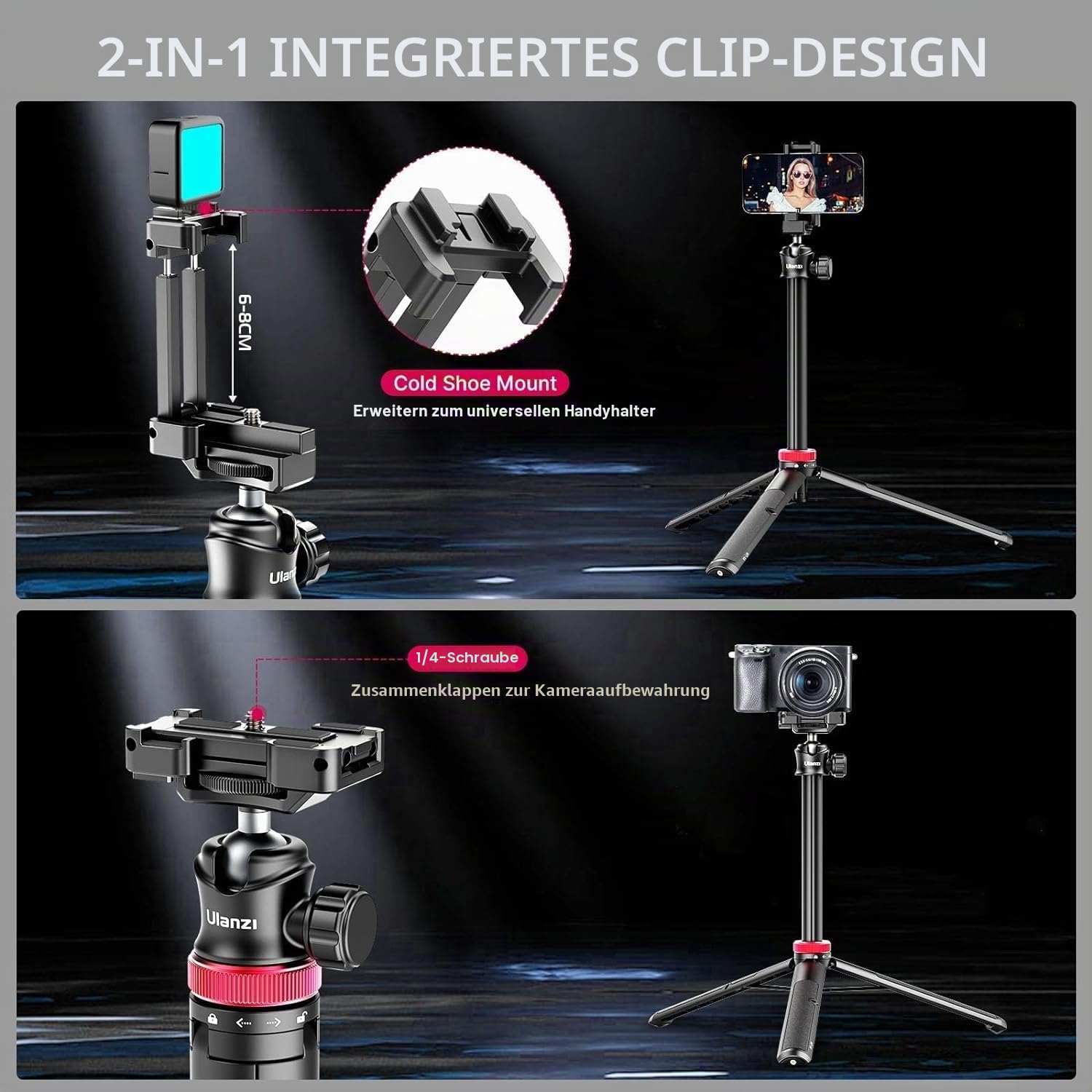 ULANZI MT-44 Handy Kamera Stativ 147cm 2in1 Selfie Stick Fernbedienung, 360° Kugelkopf, Cold Shoe Handyhalterung, 1/4" Gewinde Kompakt Reisestativ Dreibein Tripod für DSLR-Kameras Canon Samsung iPhone
