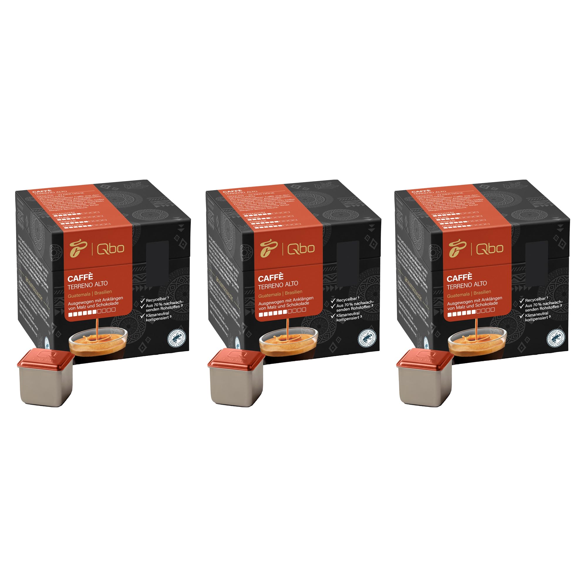 Tchibo Qbo Caffè Terreno Alto Premium Kaffeekapseln, 81 Stück - 3x27 Kapseln (Caffè, Intensität 6/10, ausgewogen und malzig), nachhaltig, aus 70% nachwachsenden Rohstoffen & klimaneutral kompensiert