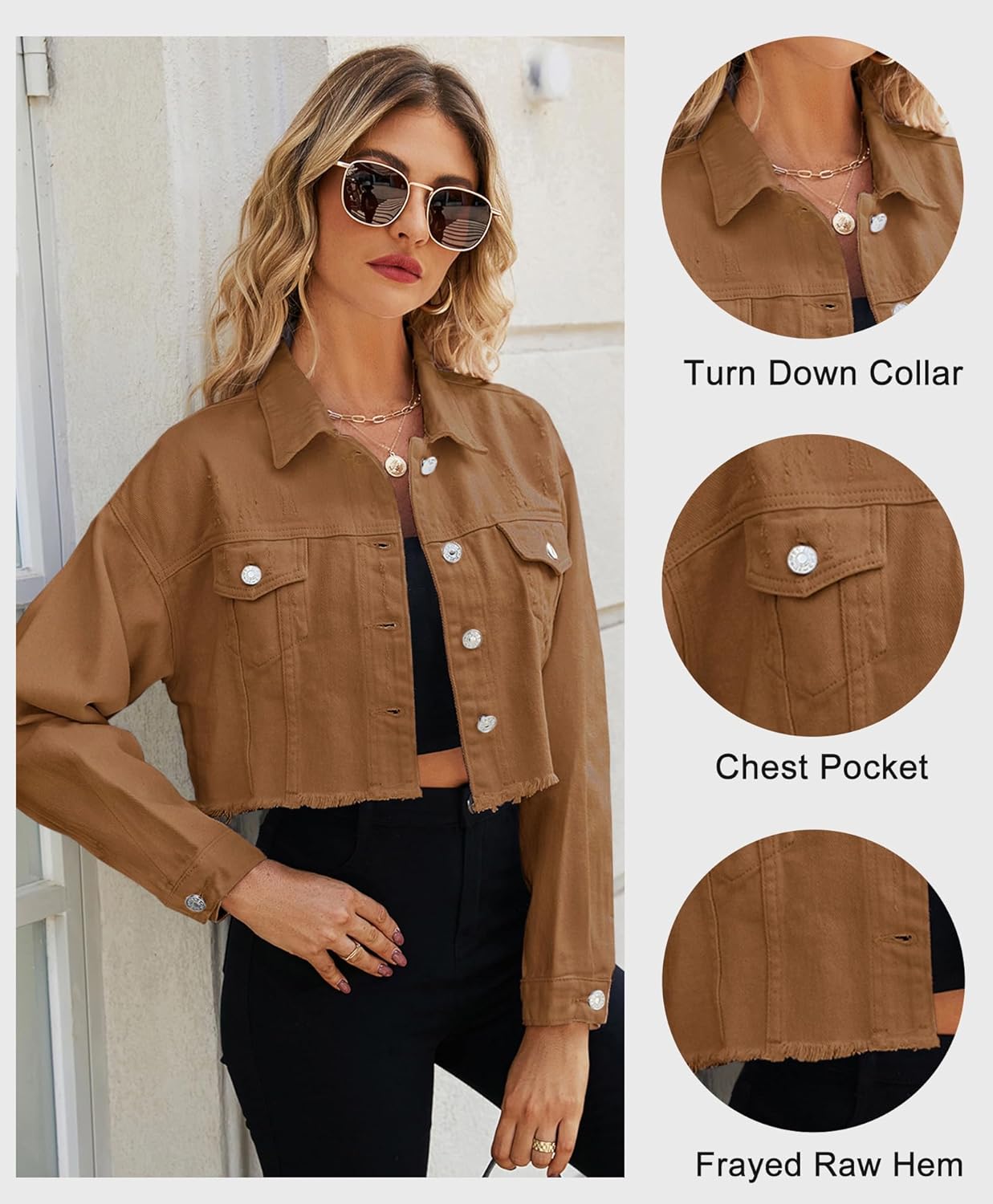 LONGYIDA Women's Cropped Denim Jacket | Distressed Button-Down Jean Jacket | Long Sleeve Ripped & Frayed Blue Coat - Image 3