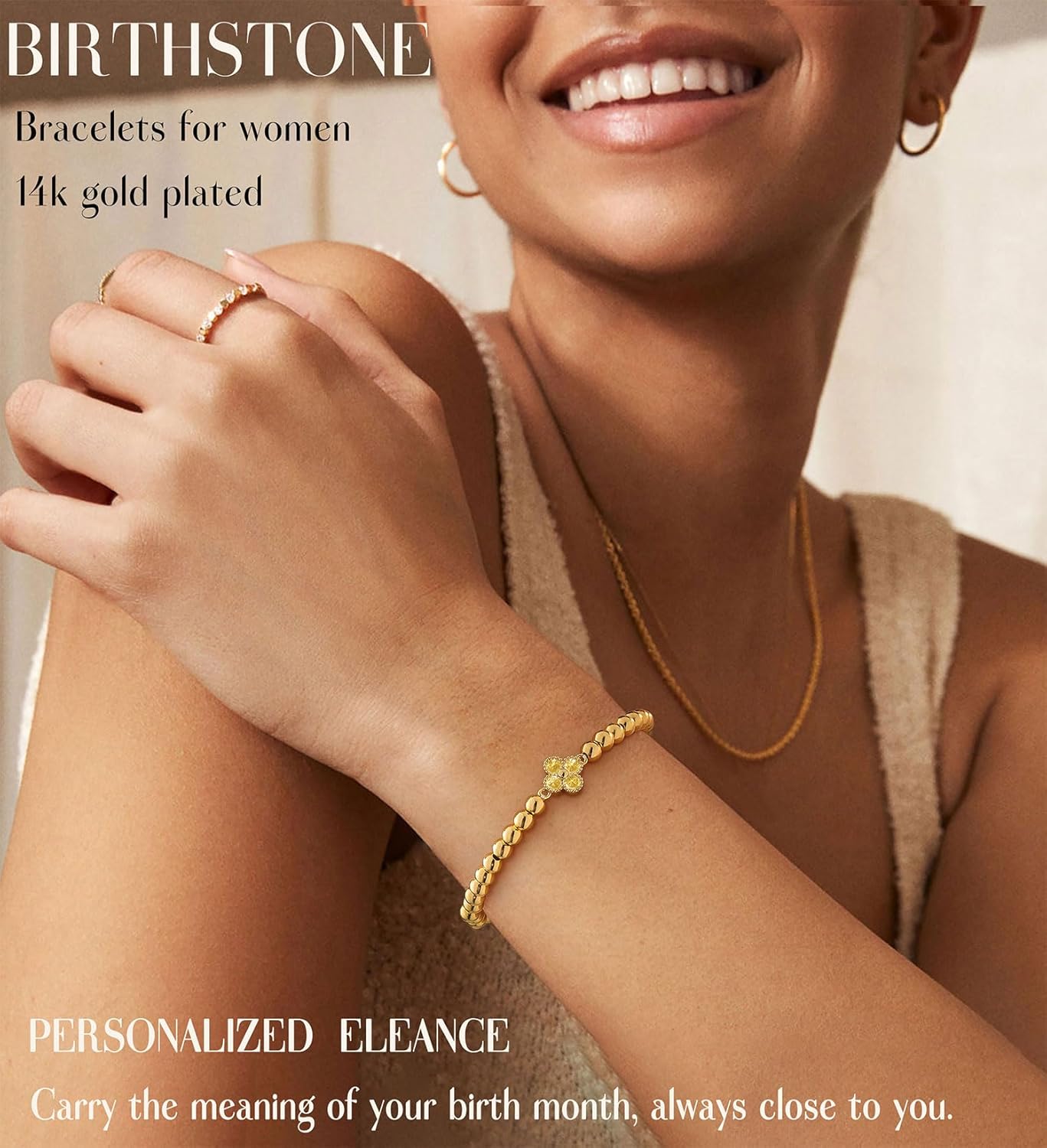Birthstone Gold Bracelets for Women Non Tarnish Elastic 14K Gold Plated Bead Bracelets Trendy CZ Clover Bracelet Stackable Friendship Bracelets Dainty Jewelry Gifts for Mom Best Friend - Image 2