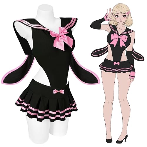 KORURACLUB Sailor Bunny Cosplay Costume for Women Bunny Bodysuit Sexy Open Back Anime Fancy Dress for Halloween, Comic Con & Role Play - Black - L-XL