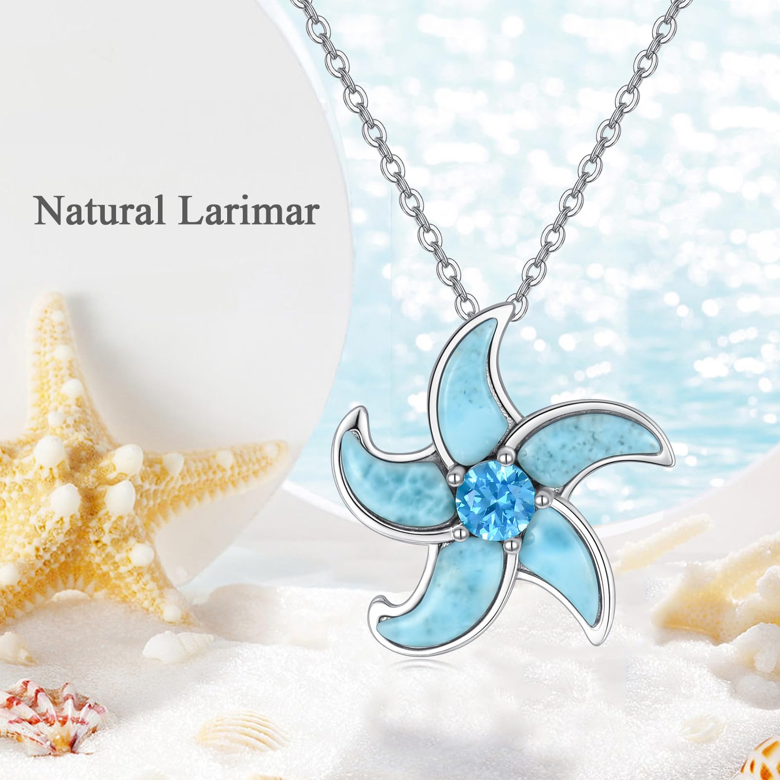 Collar de estrella de mar de Larimar de plata de ley 925 con colgante de estrella de mar azul auténtica, joyería de regalo para mujer, Plata esterlina, Larimar