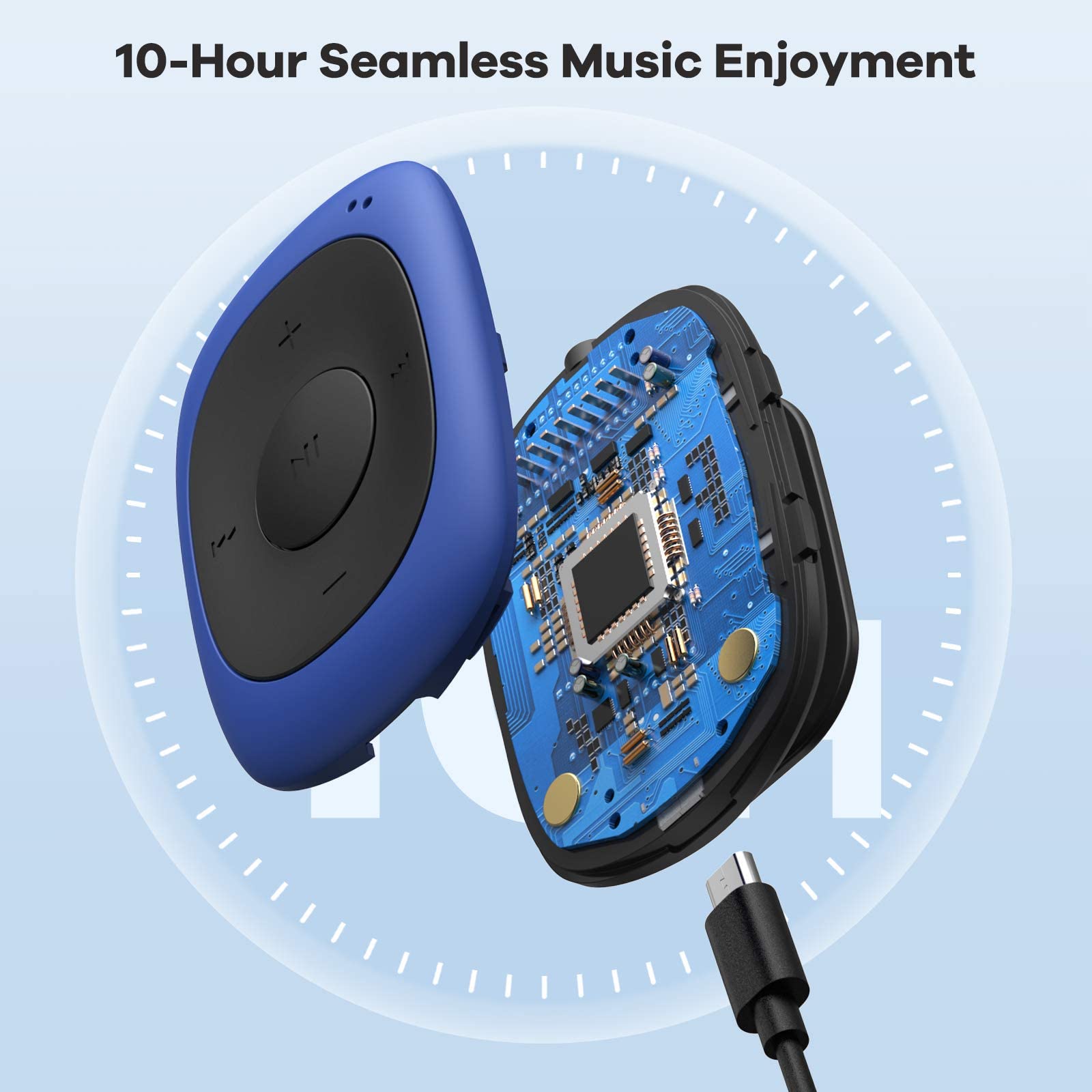 AGPTEK Mini Clip 64GB MP3 Player with Bracket Headphones and Silicone Case, Lightweight Sports Music Player with 5 Buttons and 2 Function Switching Buttons, Blue