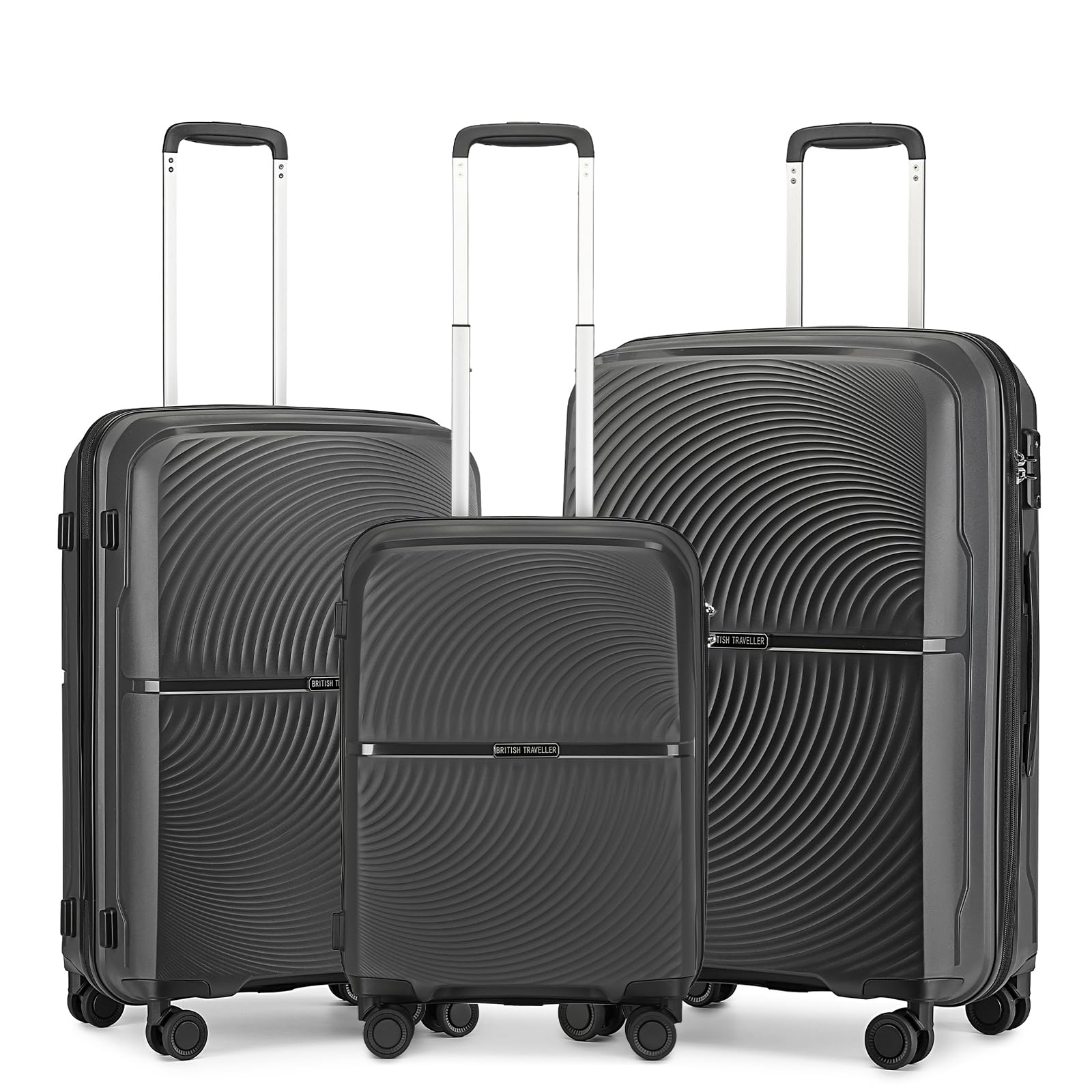 British Traveller Juego de 3 Maletas de Viaje Cabina 55/67/76CM Polipropileno Maletas de Viaje Grandes 23 Kilos con Cerradura TSA (Negro)