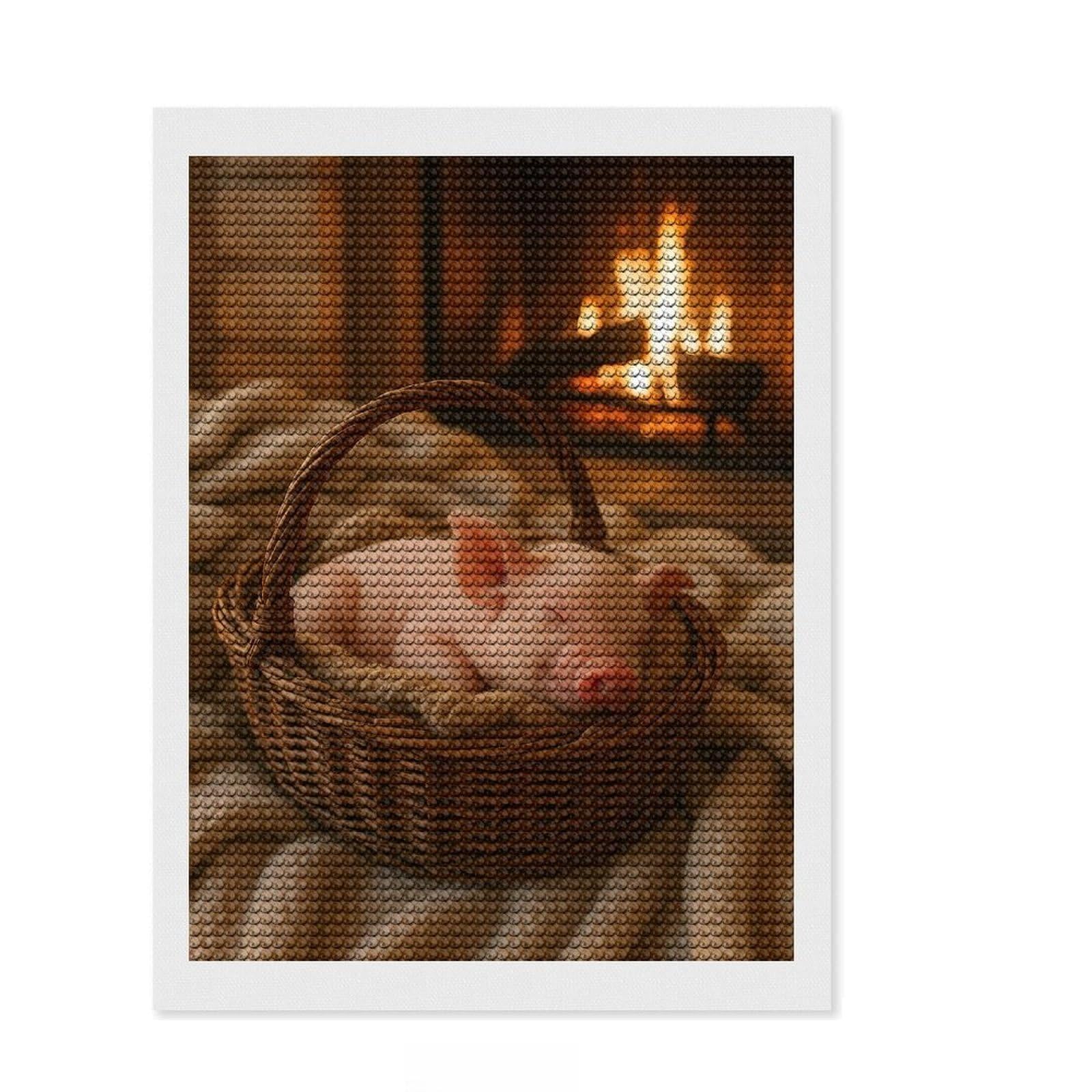 Junmoney Sleeping Piglet in Basket by Fireplace Diamond Art Canvas 12"x16", Satisfying Creative Project, Sparkling Round Gems, Stress Relief Craft, Office Decor