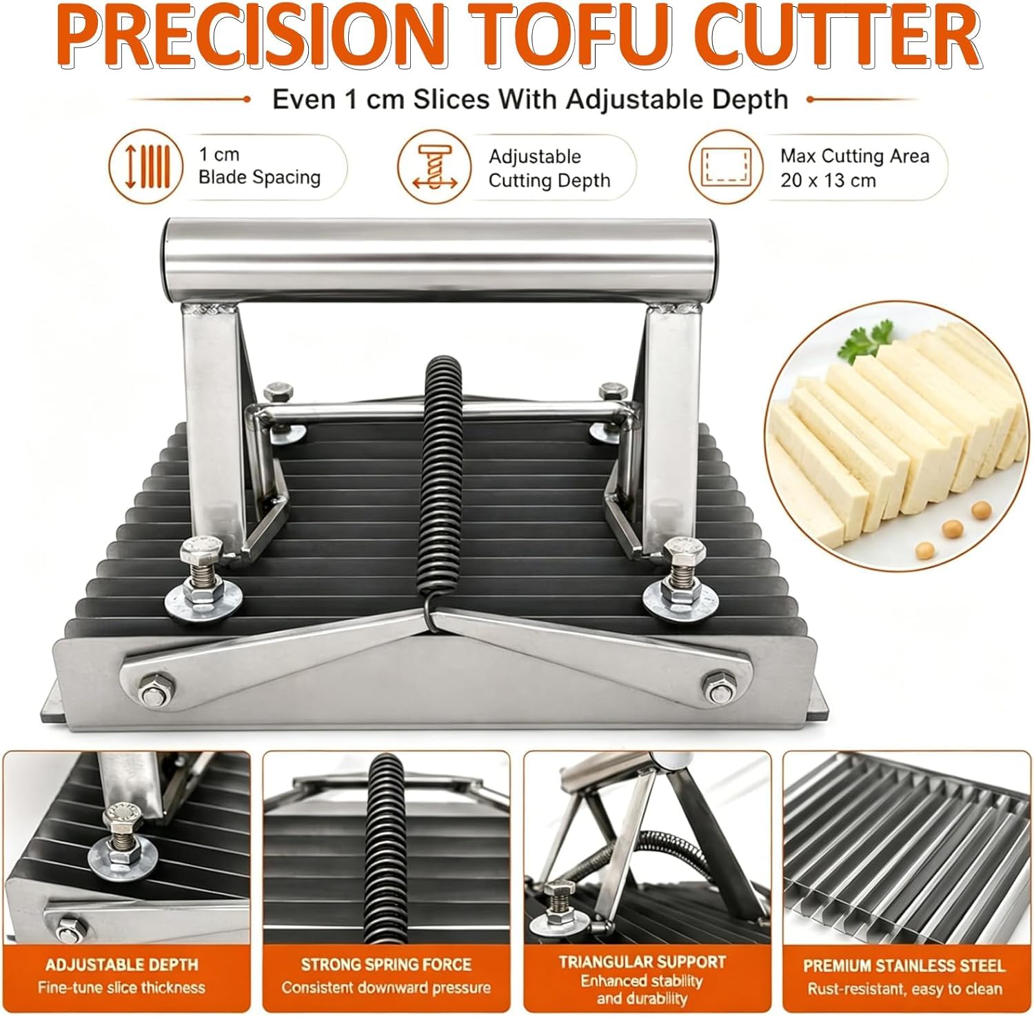 Tofu-Schneider aus Edelstahl, verstellbares Schneidewerkzeug mit 0,75/1 cm Abständen, dreieckiger Rahmen für gleichmäßige Schnitte, ideal für Heimküche Kochen und DIY-Rezepte