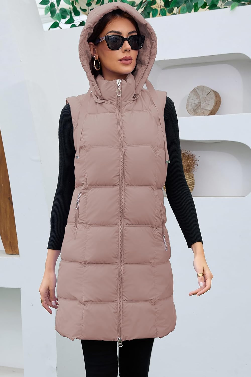 Long Puffer Vest for Women with Hood Thickened Packable Sleeveless Extended Long Vest for Fall & Winter