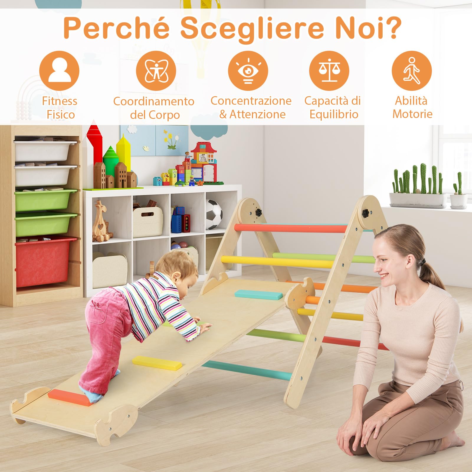COSTWAY 7 in 1 Set di Arrampicate per Bambini, Arrampicatore Pieghevole in Legno con Scivolo Reversibile, Dondolo e Arrampicata, Tavolo e Tunnel, per Bambini 3-14 Anni (Colorato)
