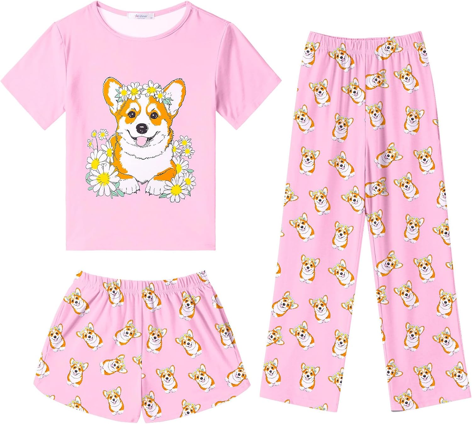 Arshiner Girls Pajama Set 3 Piece Short Sleeve Sleepwear Summer Soft Cute Pjs Outfits