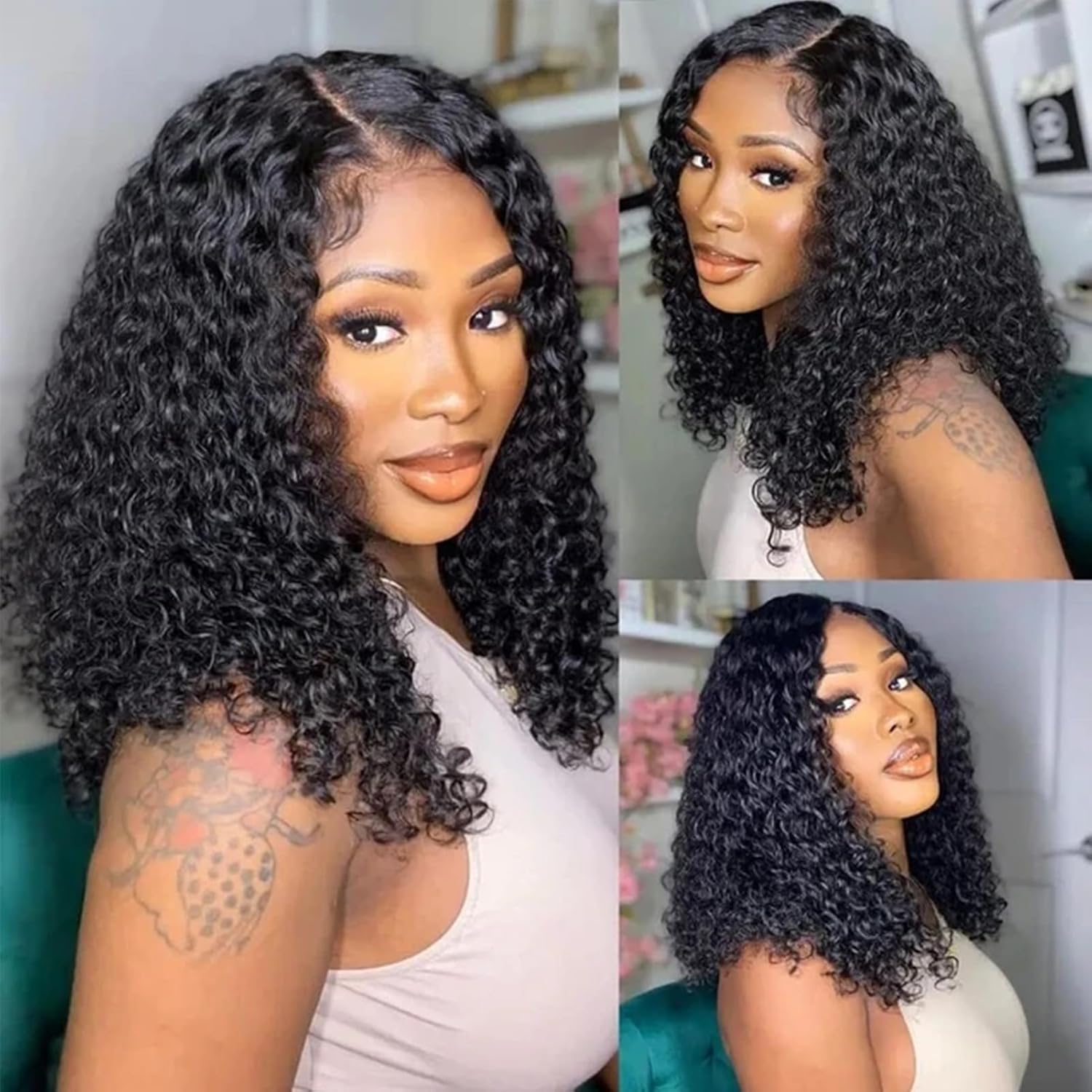 Curly Bob Wig Human Hair 13X4 Water Wave Lace Front Wig Human Hair Pre Plucked 250% Density Curly Bob Wigs for Women Natural Color 16 Inch…