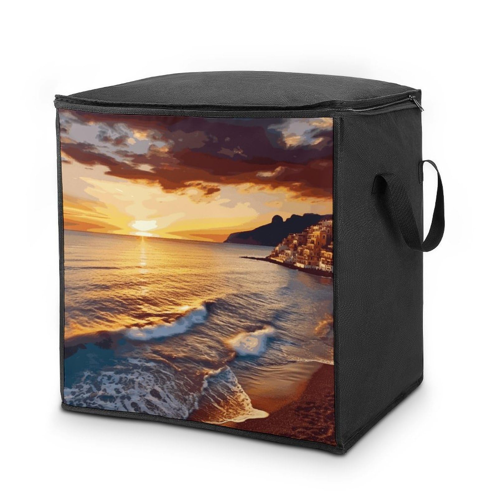 Seaside Sunset Storage Bag with Zippers And Handle Extra Large Bedding Comforter Storage Bag Foldable Blanket Storage Bags Fabric Moving Bags for Closet Organizer (70L)
