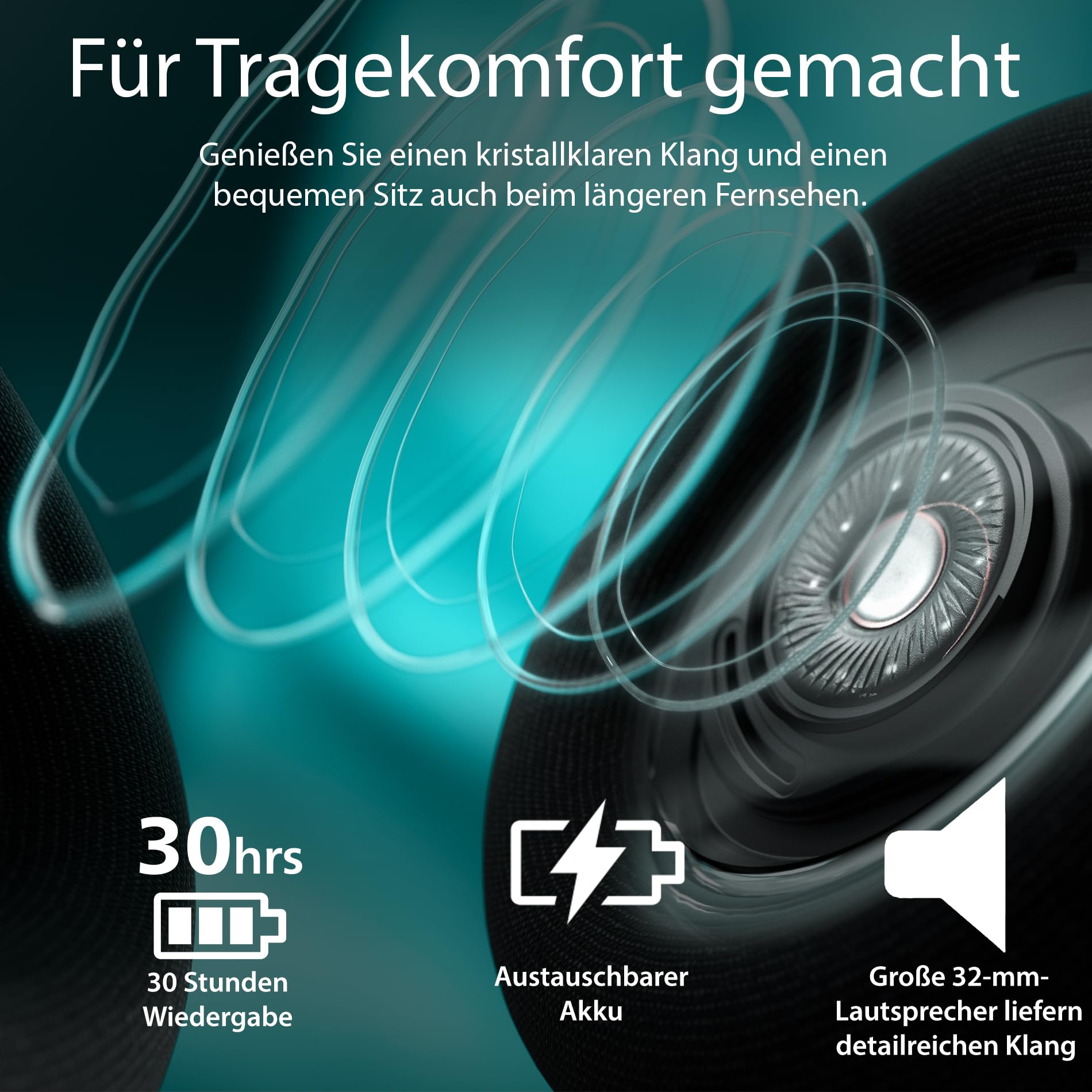 Philips SHC5200M2 kabellose TV-Kopfhörer mit 30 Std. Wiedergabezeit, 30 m Reichweite, digitaler 2,4-G-Verbindung, bequemem ohraufliegendem Sitz, austauschbarem Akku, klarem Dialogklang – Schwarz