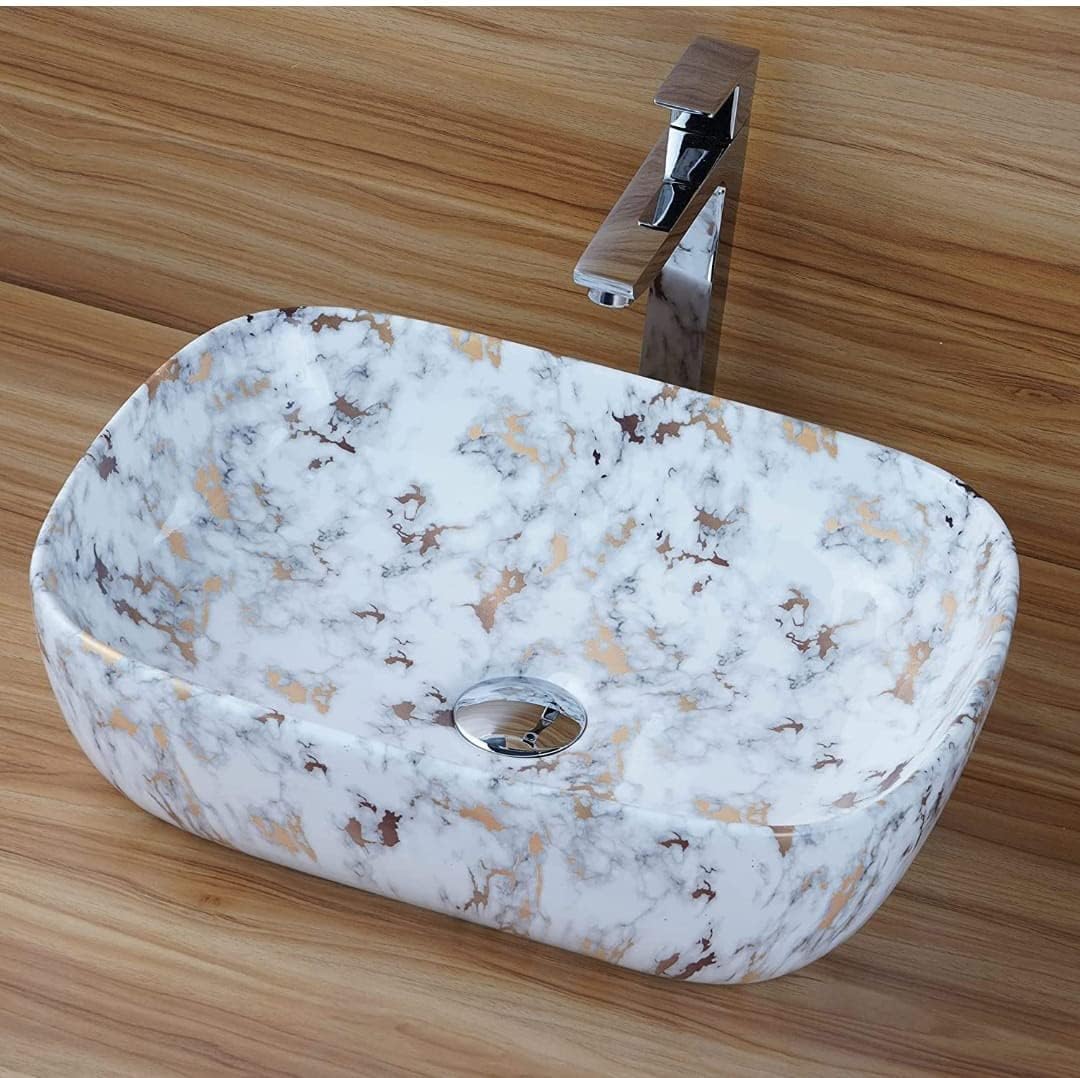 OSOSAM Ceramic Countertop Wash Basin | Designer Table Top Bathroom Basin Sink | Vessel Sink Wash Basin Over Counter for Hotel, Home Living Room (18 x 13 x 5.5 Inch, White Golden Marble, Glossy Finish) (B0BX44VXH9) Amazon Price History, Amazon Price Tracker