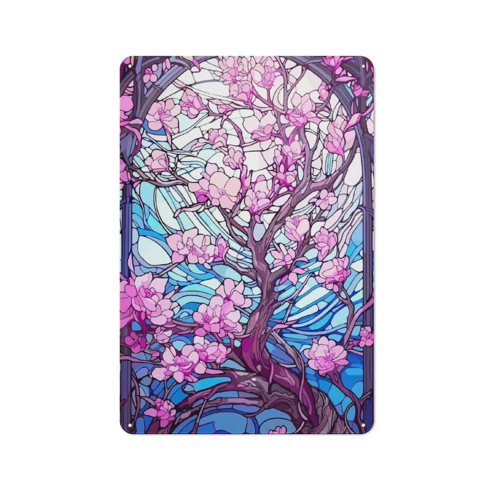 Junmoney Stained Glass Cherry Blossom Retro Tin Sign 30X20cm For Bar Or Restaurant, For Collectors Of Retro Metal Wall Decor