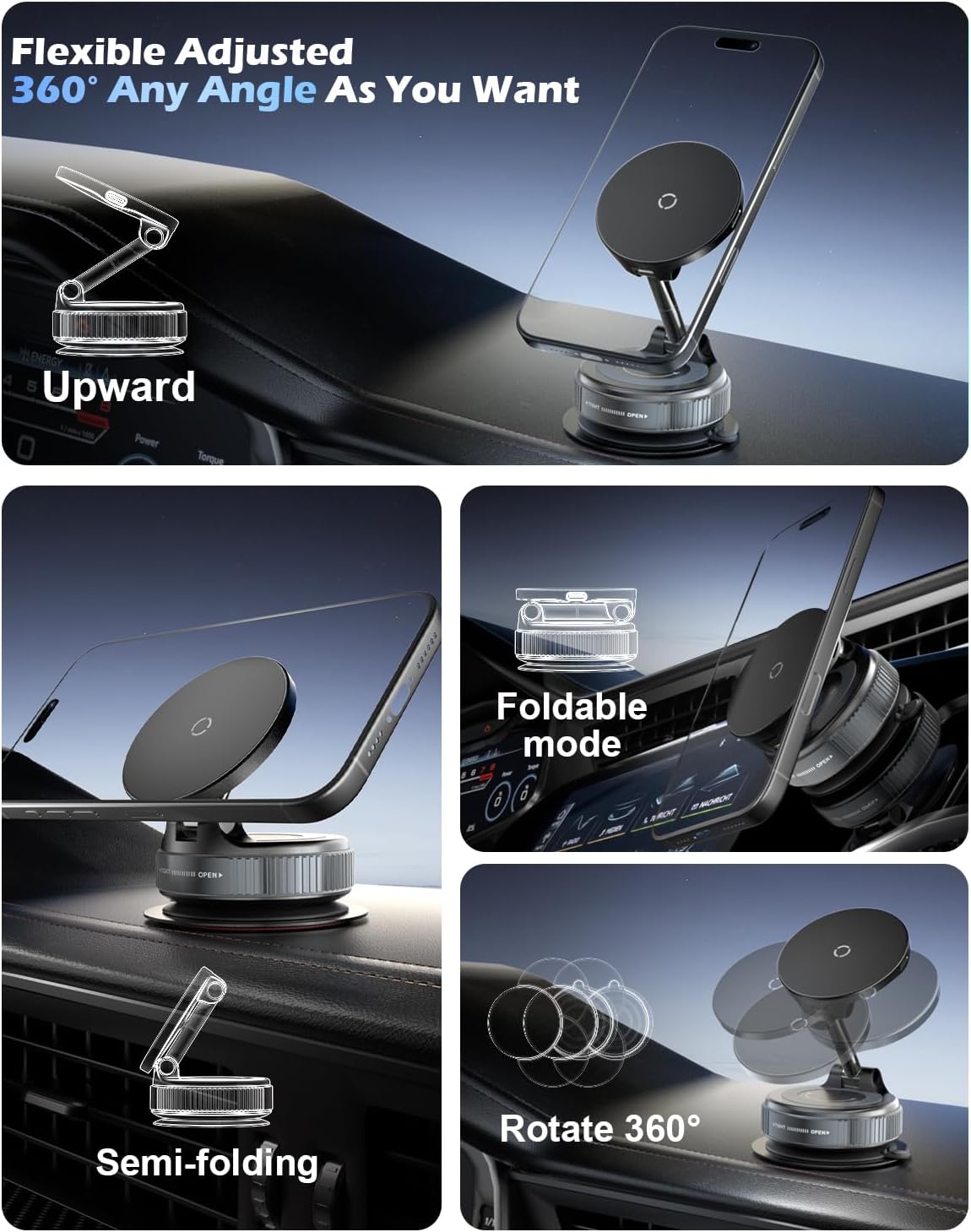 CloudValley 15W Fast Wireless Charger Car Phone Mount, Vacuum Suction Cup Magnetic Phone Holder Design for MagSafe iPhone 17/16/15/14/13/12, 360° Adjustable & Foldable Stand for Dashboard/Windshield - Image 2