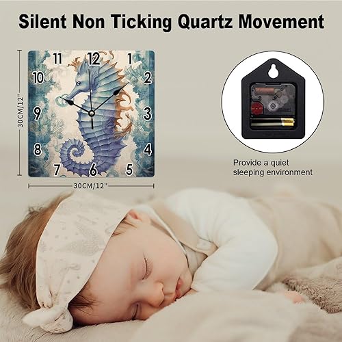 Miniatura 10 de Reloj de pared colgante de caballito de mar en acuarela costera vintage, océano, fondo marino, mundo, animales, PVC, reloj de pared de verano para