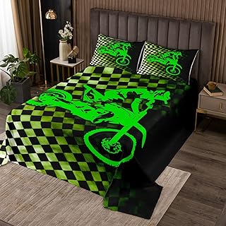 Boys Dirt Bike Bedspread Set,Motocross Rider Quilt Set,Black and White Buffalo Plaid Coverlet Queen,Cool Sport Car Bedding Set Fluorescent Green Motorcycle Bed Cover for Kids Teens Bedroom Decor