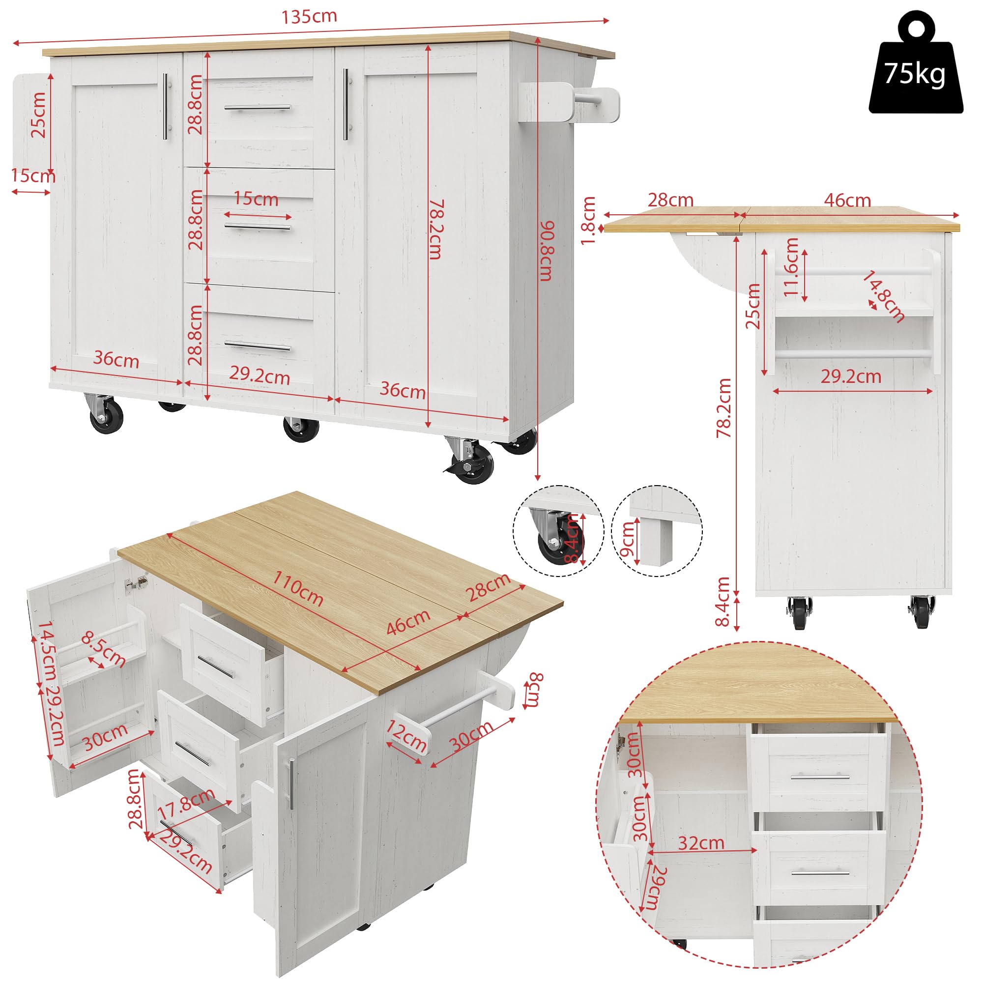 KAZZIO Isla de cocina, separadores extraíbles, ruedas extraíbles como armarios de cocina, carrito de comedor con encimera, armario buffet, carrito de comedor con vetas de madera, con ruedas (blanco)