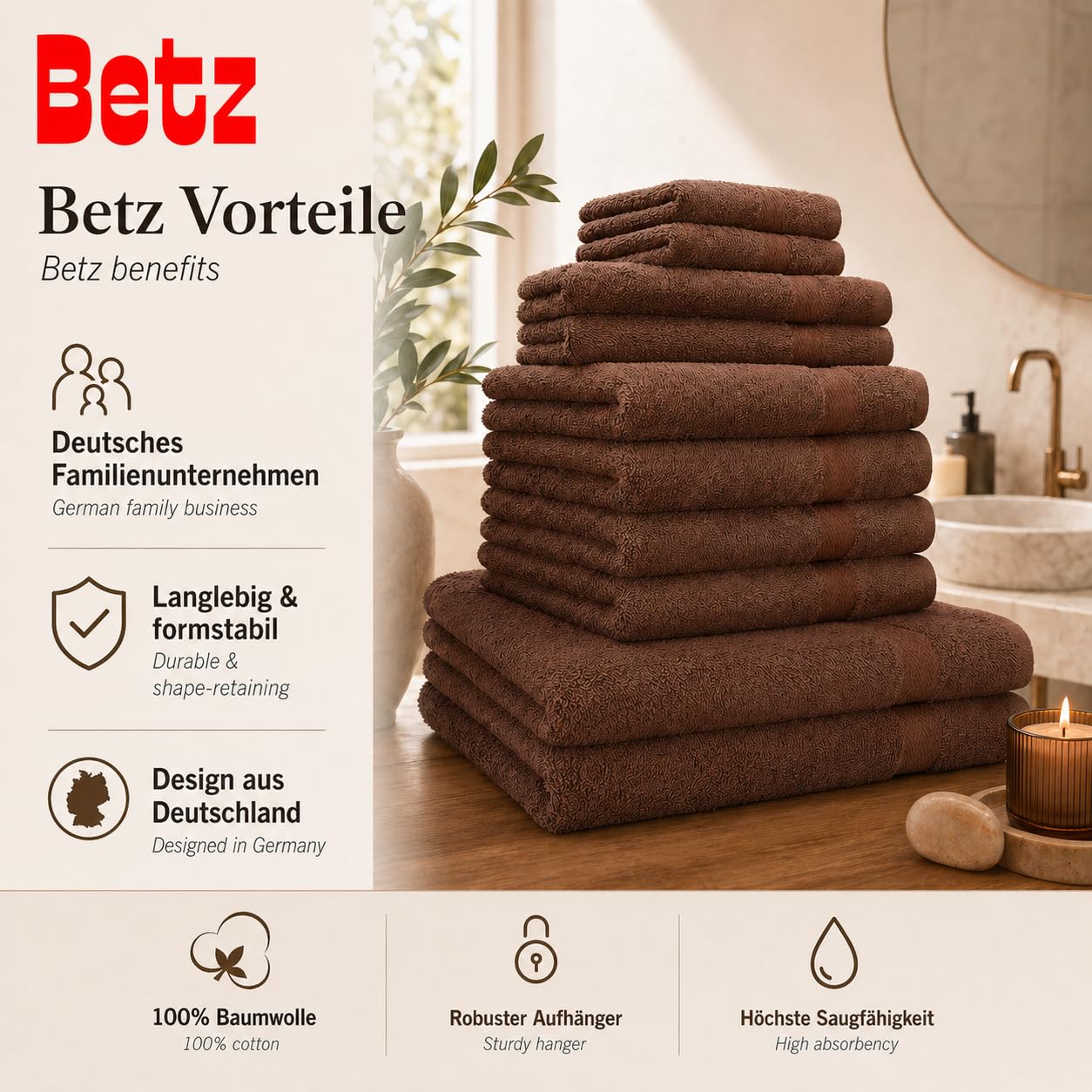 Betz 10-częściowy zestaw ręczników Classic 100% bawełna 2 ręczniki kąpielowe 4 ręczniki 2 ręczniki dla gości 2 ręczniki do rąk kolor orzech
