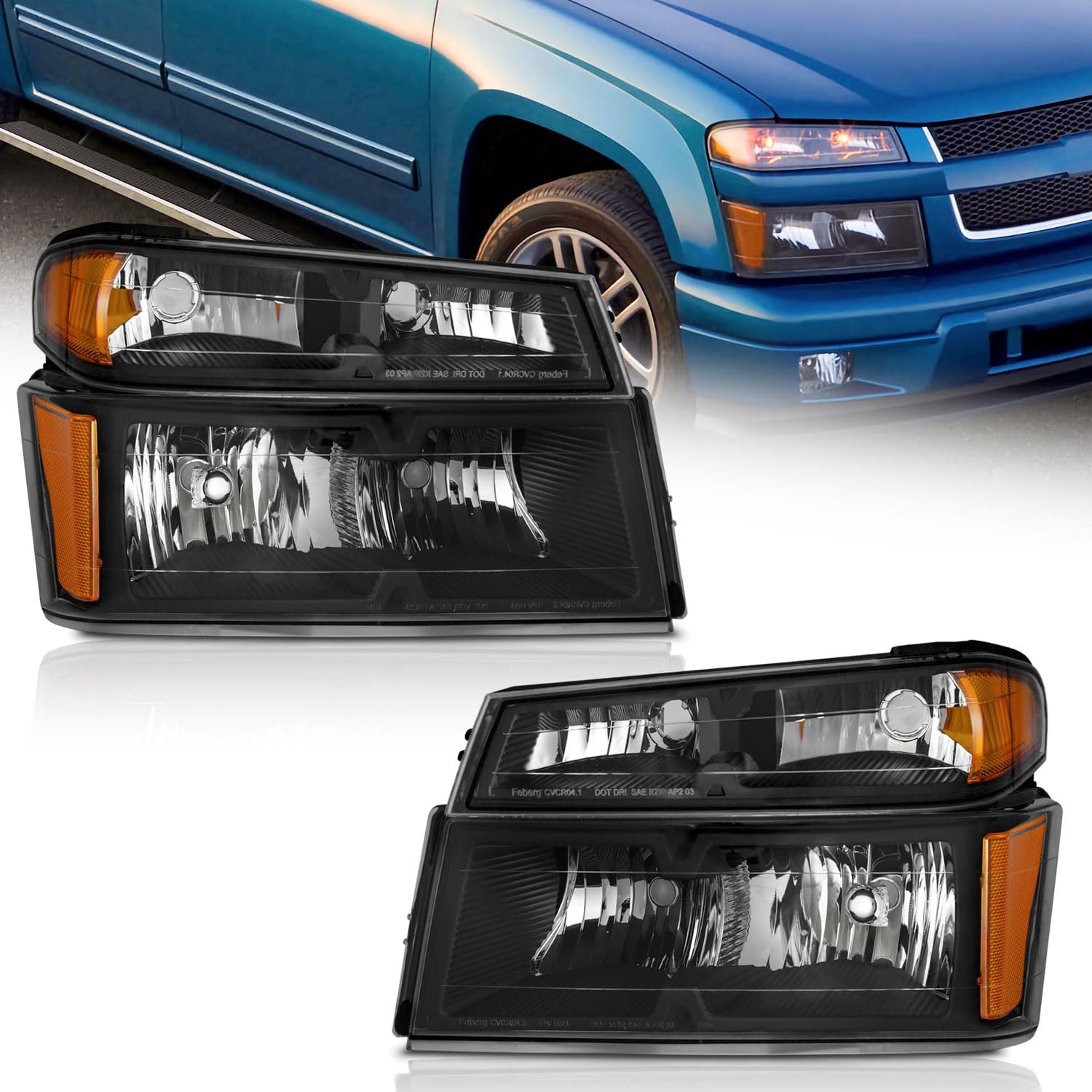 WEELMOTO Headlights for 2004-2012 Chevy Colorado/GMC Canyon,for 2006-2008 Isuzu i-Series, Headlamp Black Housing Amber Reflector Left+Right Side