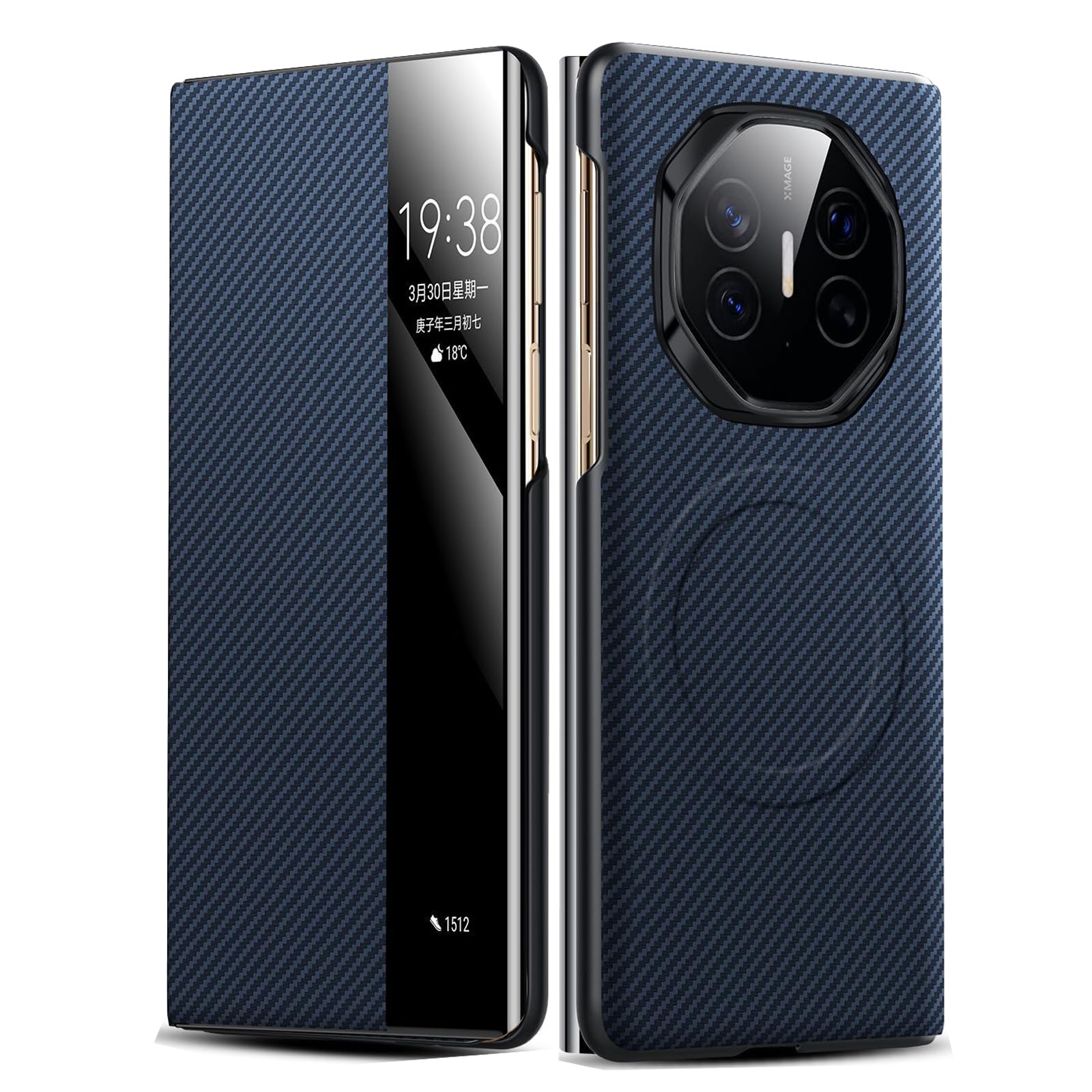 Magnetyczne skórzane etui do Huawei Mate XT, funkcja inteligentnego widoku okna, etui z klapką, tekstura włókna węglowego, wszechstronna obudowa, niebieska, Mate XT