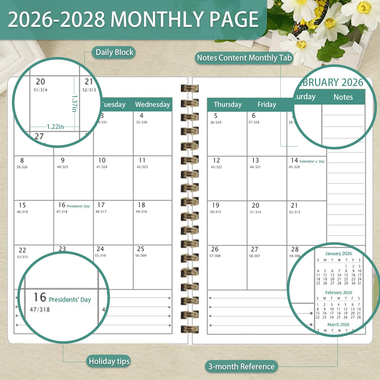2026-2028 Planer, Wochen- und Monatsplaner-Buch, Tageskalender-Planungs-Notizbuch, Hardcover-Organizer, geeignet für Lehrer und Studenten, Bürobedarf für Damen und Herren, A5 (15,5 x 21,1 cm) (Grün)
