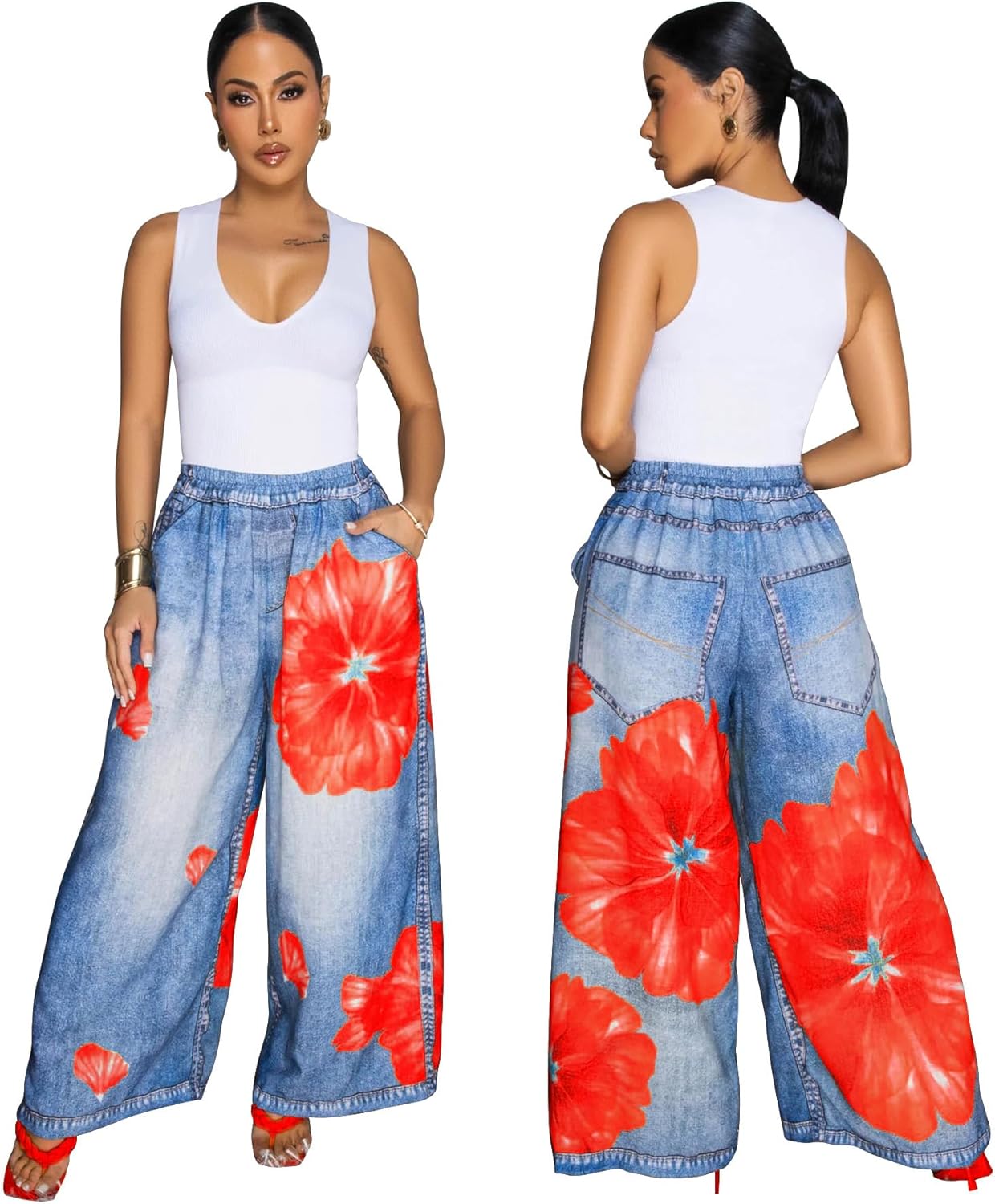 Yeshire Jeans for Women Floral Print High Waisted Wide Straight Leg Bow Jeans Denim Pants