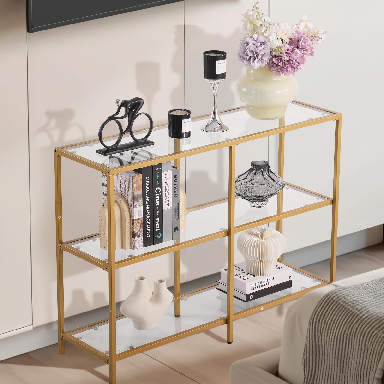 VEVOR Tavolo Consolle in Vetro a 3 Livelli 100 x 30 x 72,9 cm Moderno Tavolino Rettangolare con Piano in Vetro Temperato e Gambe in Ferro, Dispositivo Antiribaltamento per Soggiorno, Ingresso, Dorato