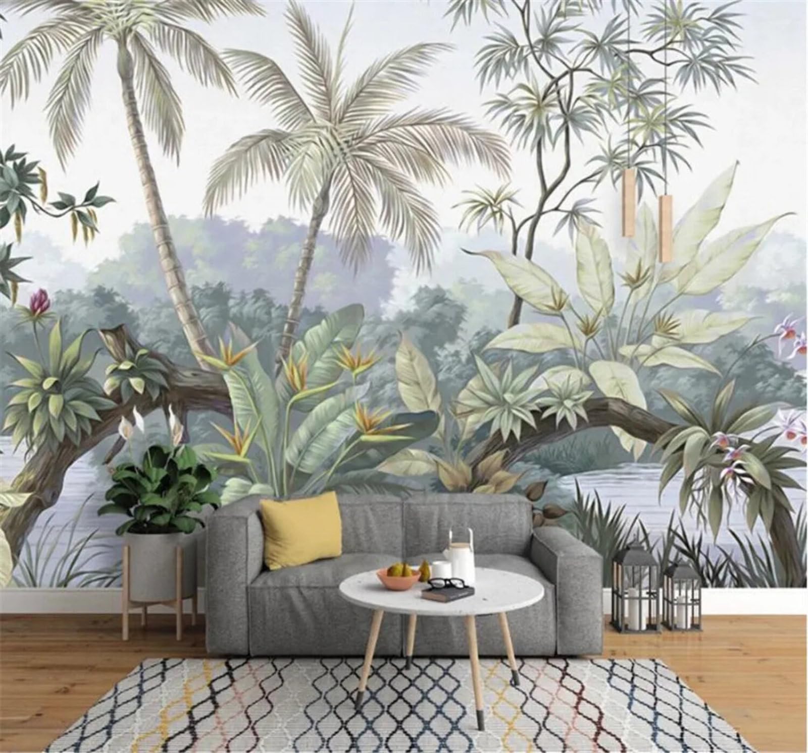 Tzxztt Vintage Minimalist Fresh Green Jungle Modern 3D Wallpaper Premium Textured Silk Neutral Tones Material Ideal for Living Room Bedroom-400cm×280cm