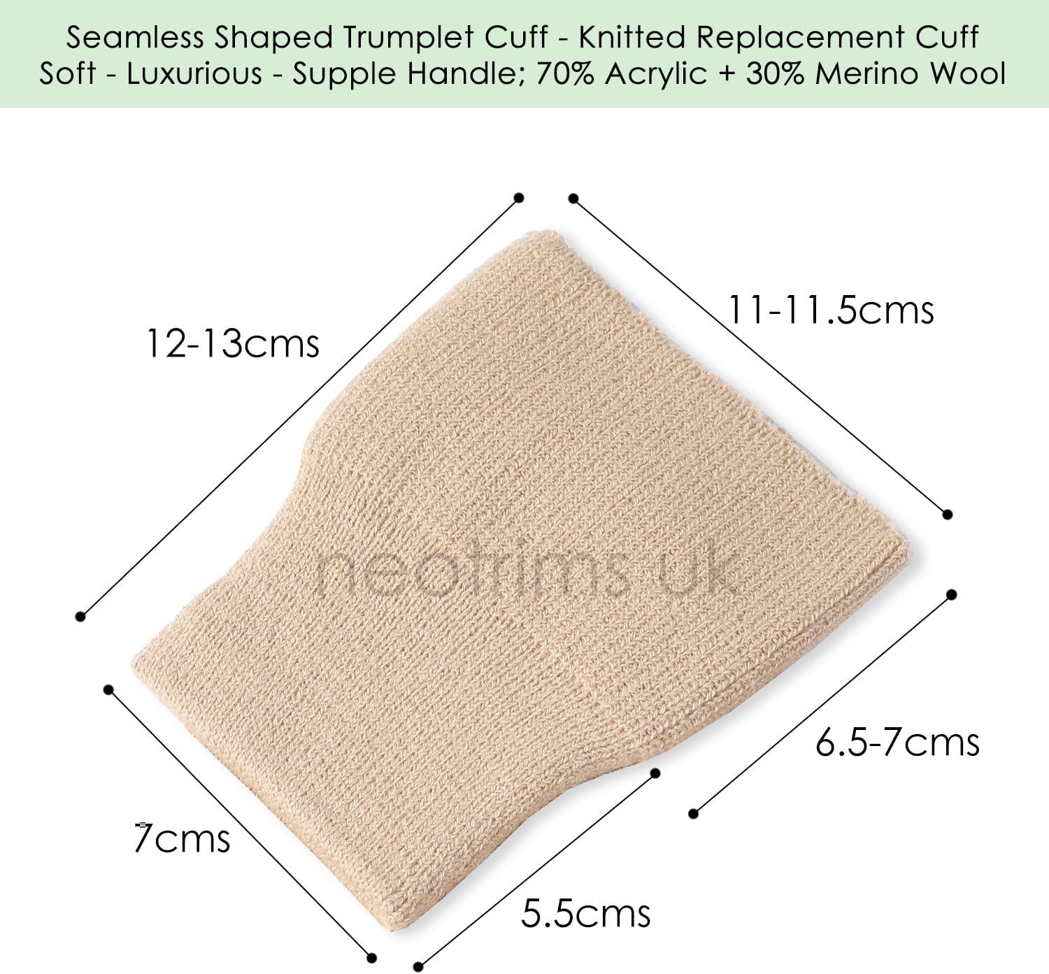 Knit Rib Cuff Replacement Cuffing 1 Pair,Acrylic with Merino Wool and Elastane.Luxurious Supple Handle Without Irritation.No Side Seams,Tubular Ready to Attach Sleeve Edge Hem. Black