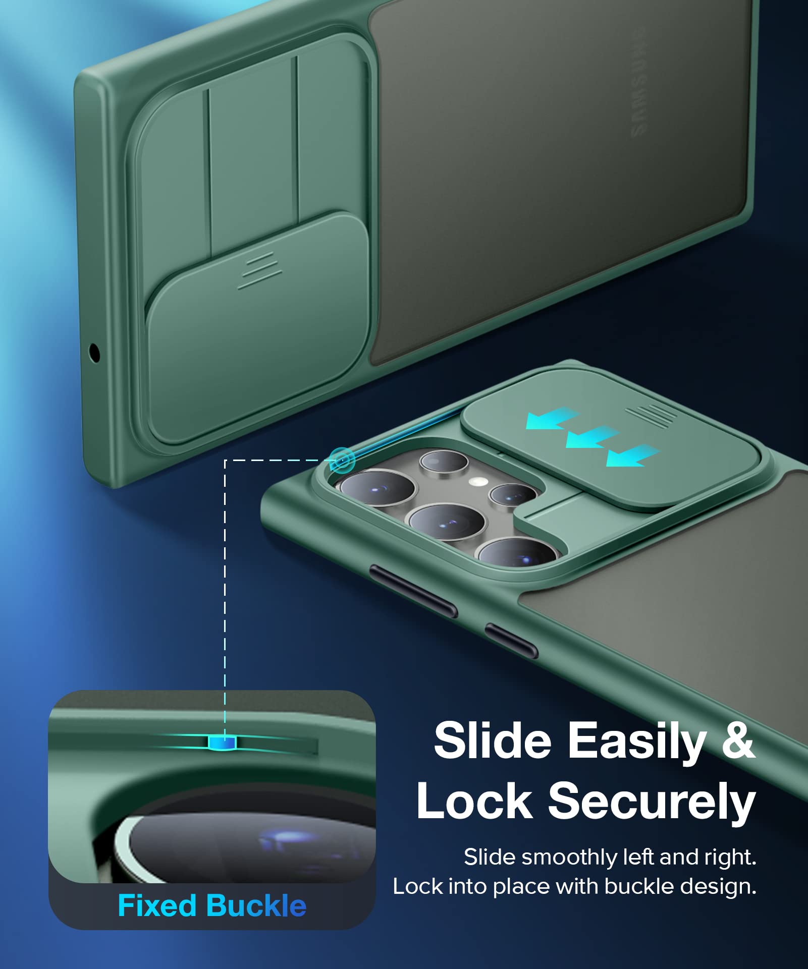 Tongate Funda compatible con Samsung Galaxy S23 Ultra con cubierta de cámara deslizante, protección contra caídas de grado militar, delgada, translúcida, mate, antiarañazos, 6.8 pulgadas, verde