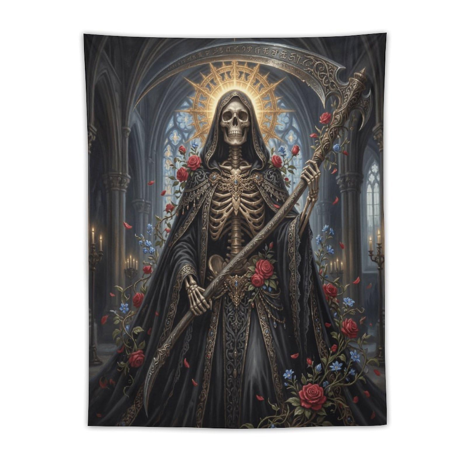 H3B8U2Y5 Grim Reaper Gothic Roses Wall Tapestry, Memento Mori