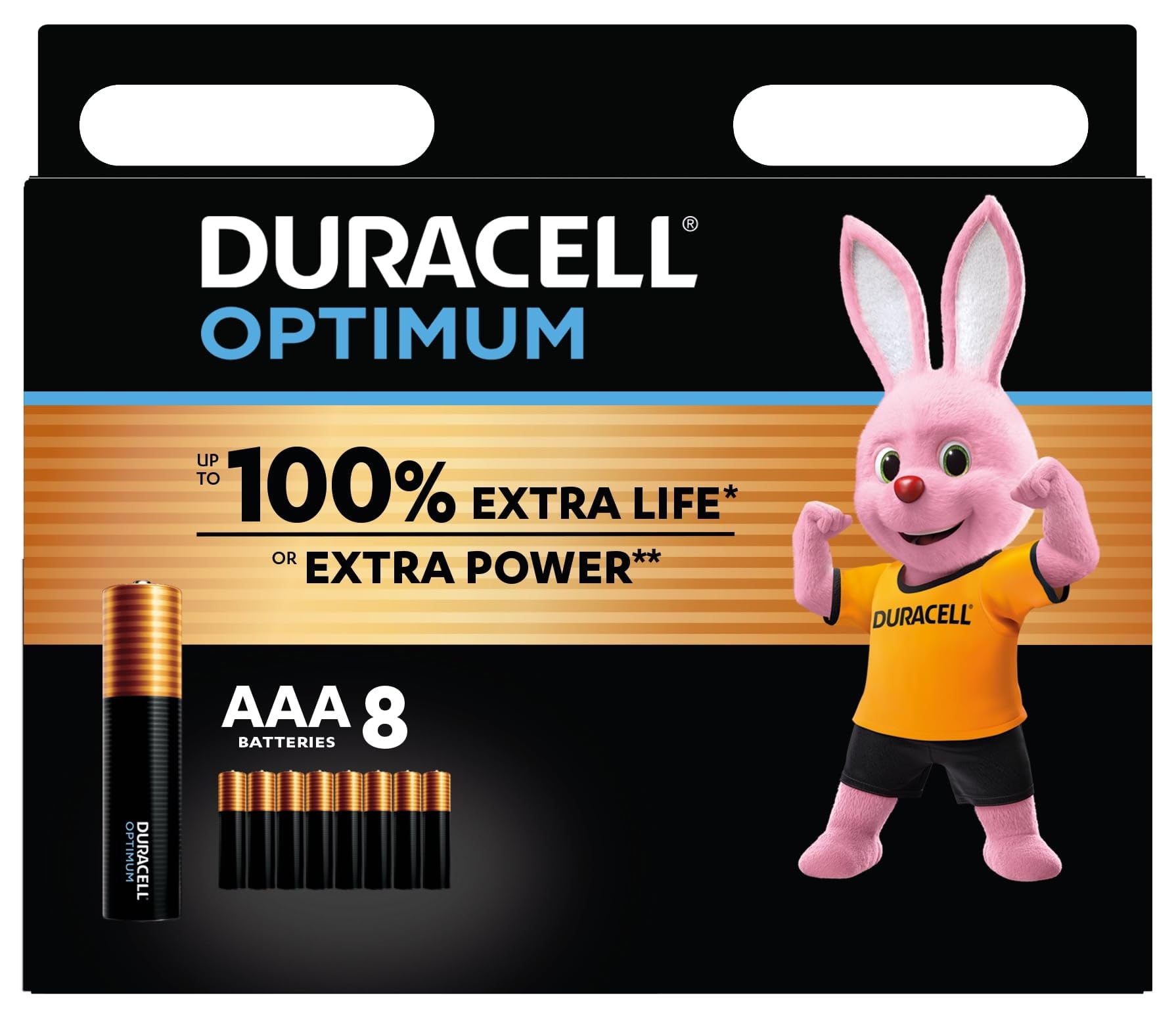 Duracell Optimum AAA Batteries (8 pack) - Alkaline Batteries 1.5V - Up To 100% Extra Life or Extra Power - Meets Demands Of Modern Devices - 100% Recyclable, 0% Plastic Packaging - LR03 MX2400