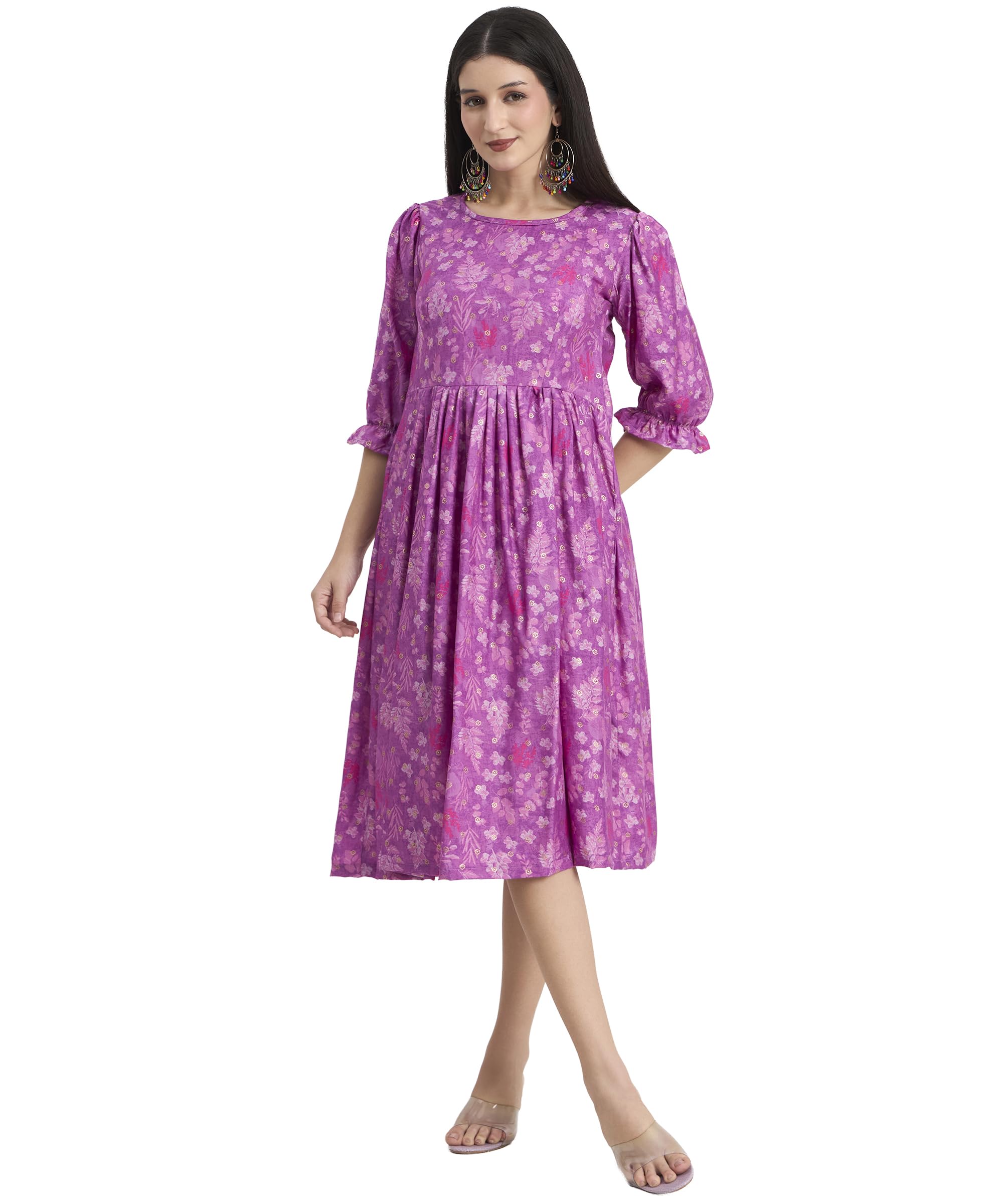 Women's Rayon Pink Ikat Print Midi Dress Maxi, Round Neck, Puff Sleeves, Flared A-Line Silhouette Size Xs to 3XL-picture-17